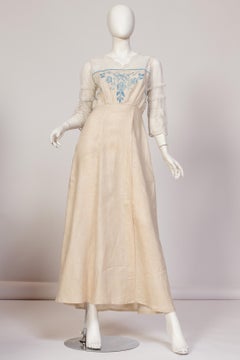 Edwardian Linen & Cotton Embroidered Tulle Dress With Blue Hand Flowers