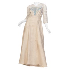 Vintage Edwardian Linen & Cotton Embroidered Tulle Dress With Blue Hand Flowers