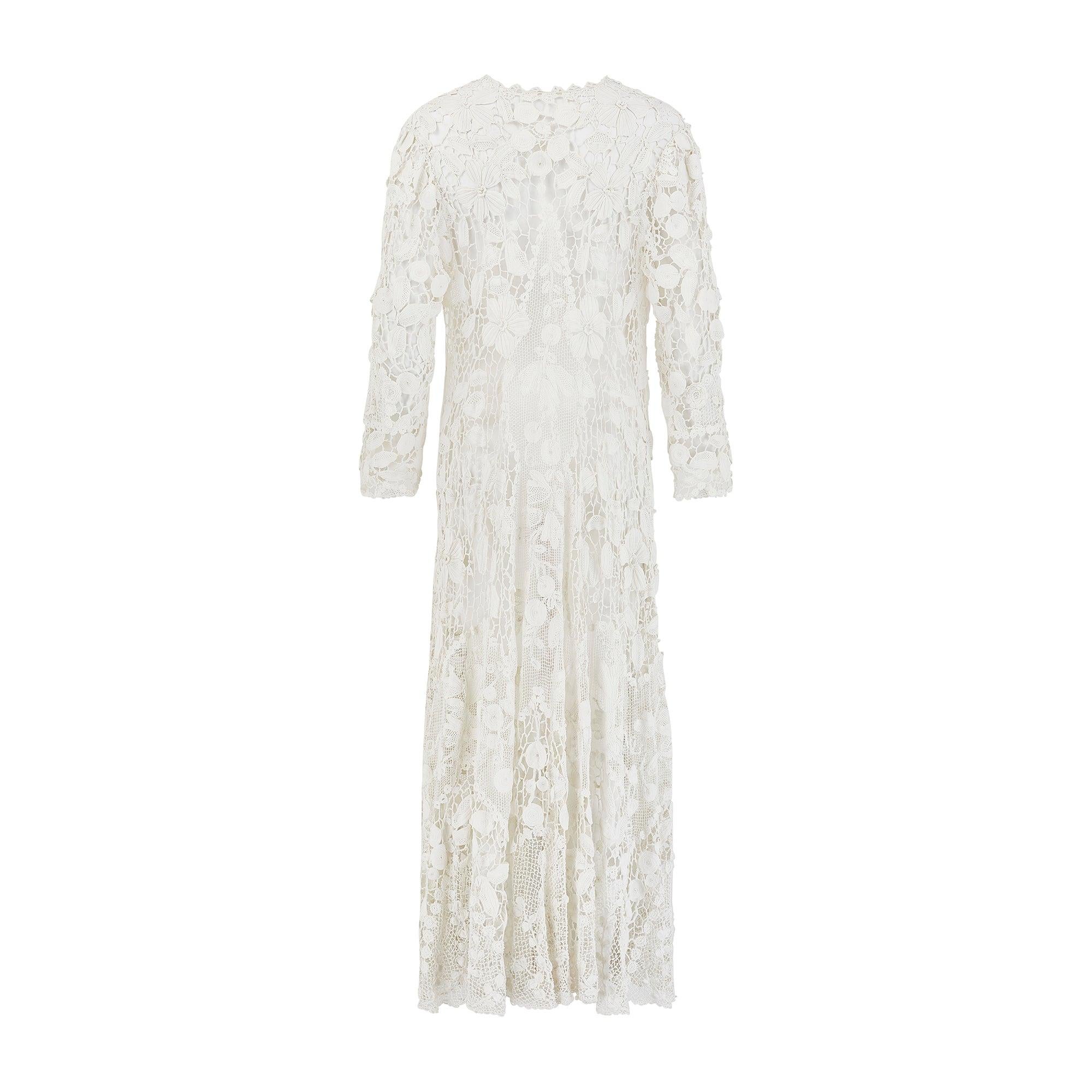 Gray 1910s Edwardian White Crochet and Lace Coat Dress For Sale