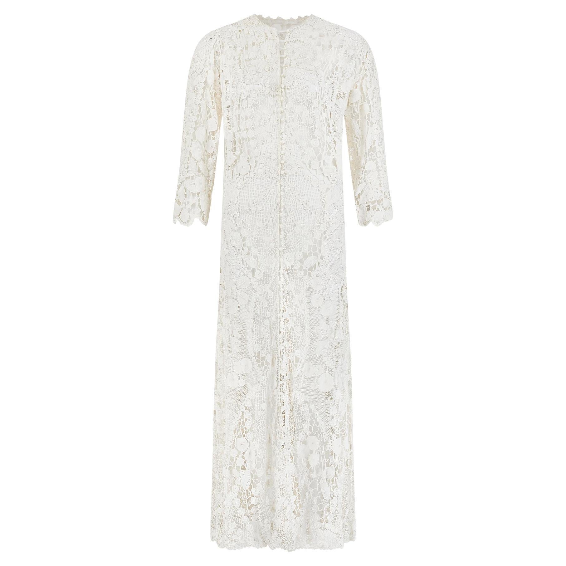 1910s Edwardian White Crochet and Lace Coat Dress For Sale