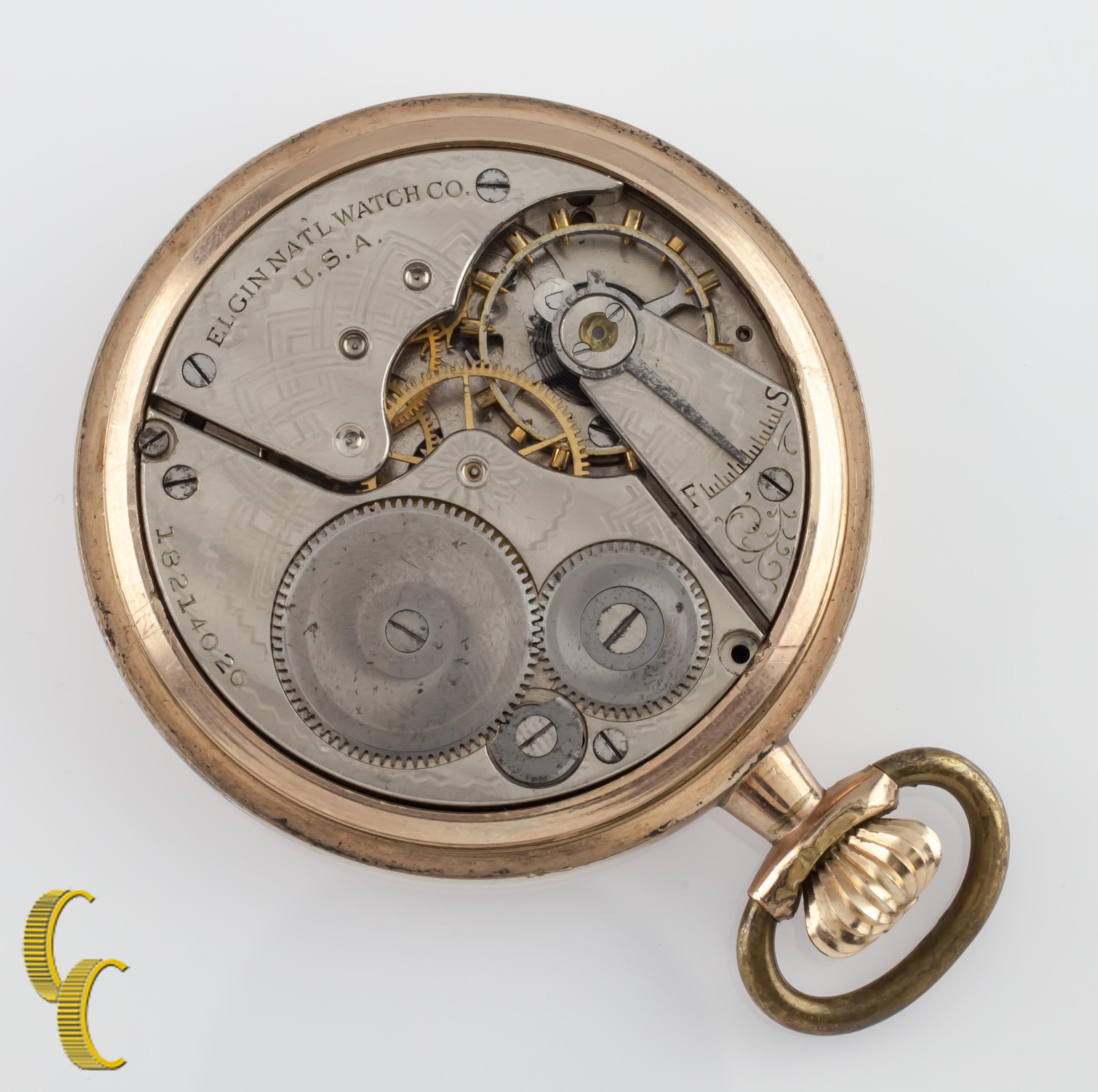 Reloj de bolsillo antiguo de esfera abierta Elgin de 1910, dorado, tamaño 16S en Bueno estado para la venta en Van Nuys, CA