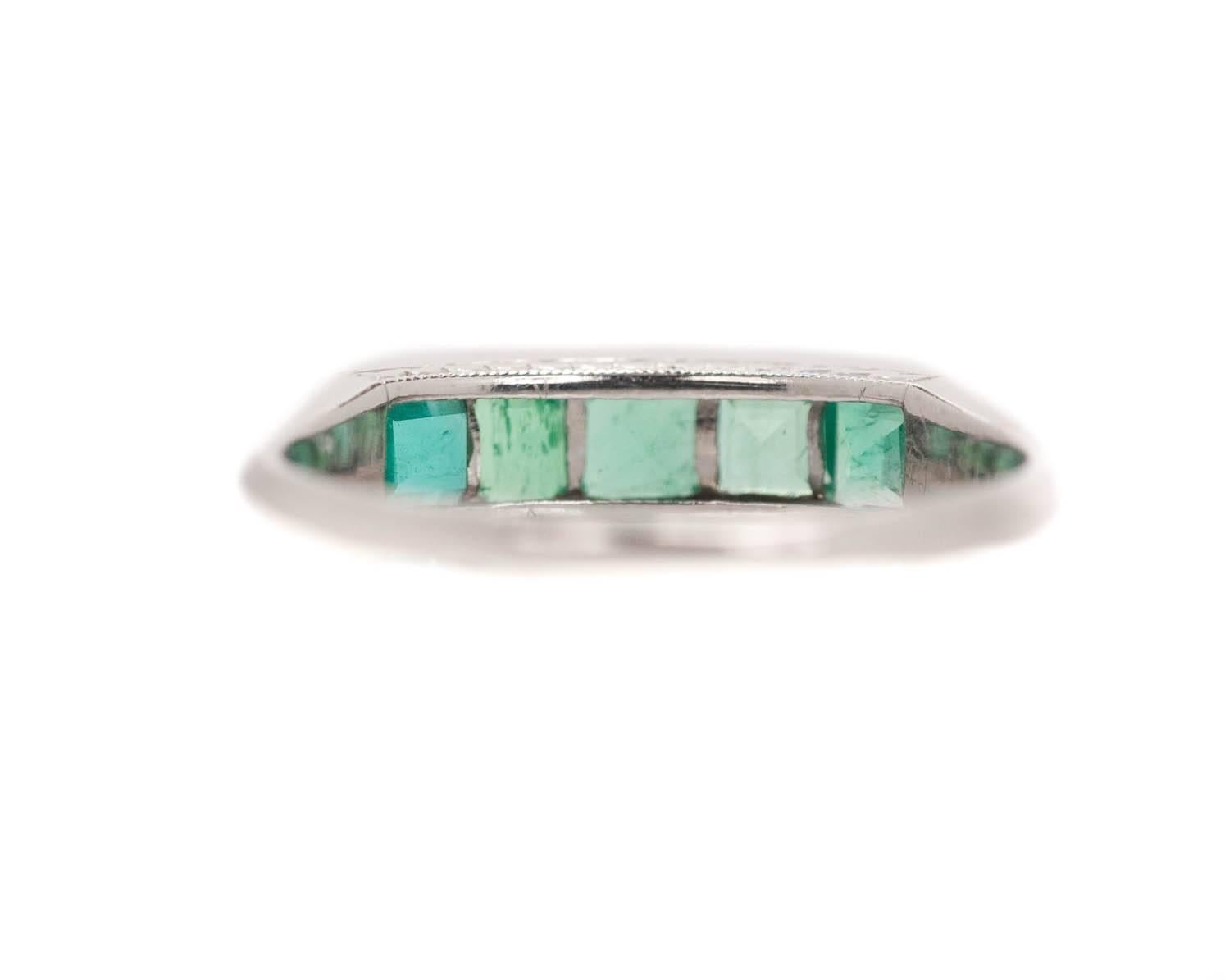 Emerald Cut 1910s Five-Stone 1 Carat Colombian Emerald and Platinum Band Ring
