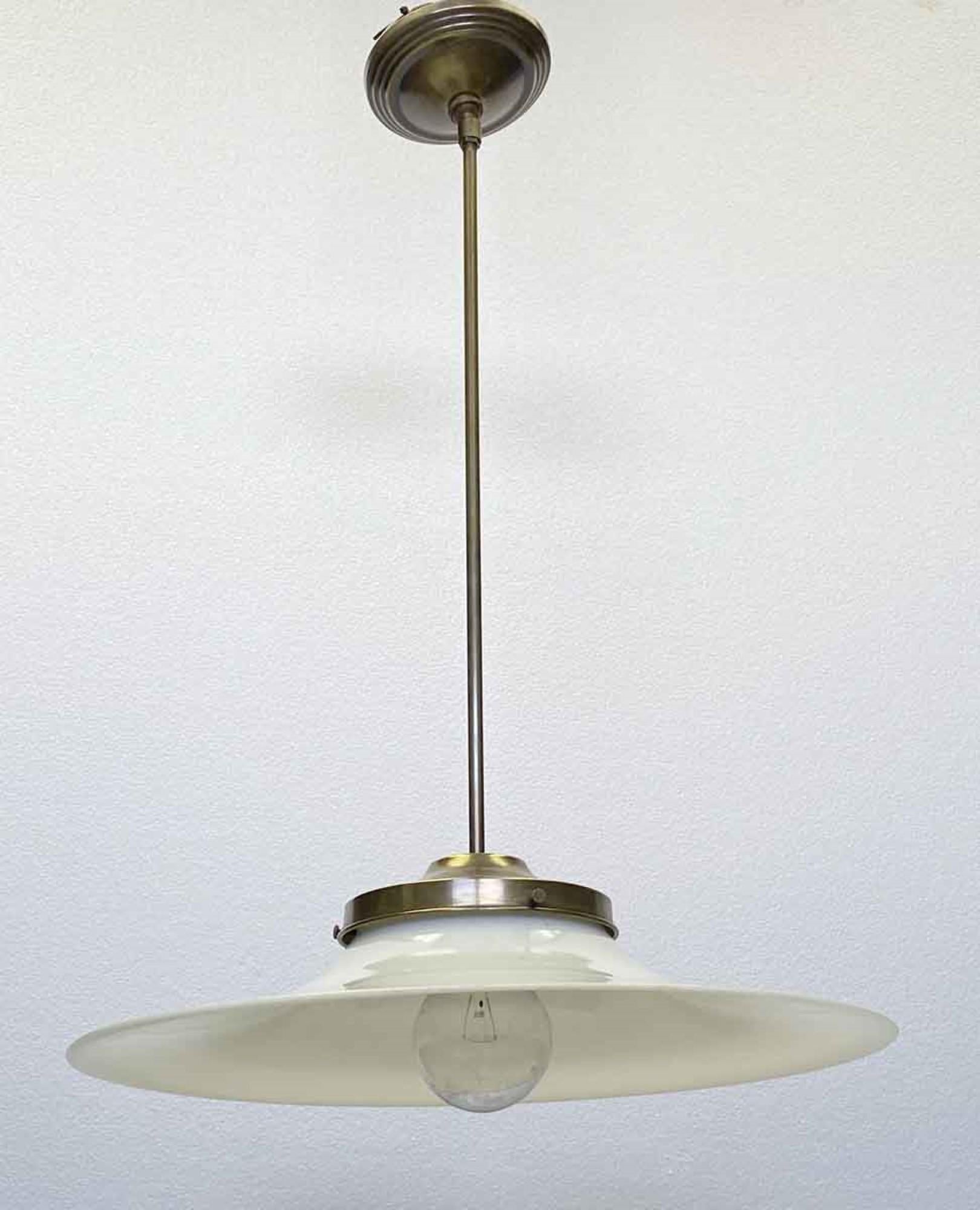 American 1910s Flat Brim 18 in. Milk Glass Pendant Light with New Brass Hardware