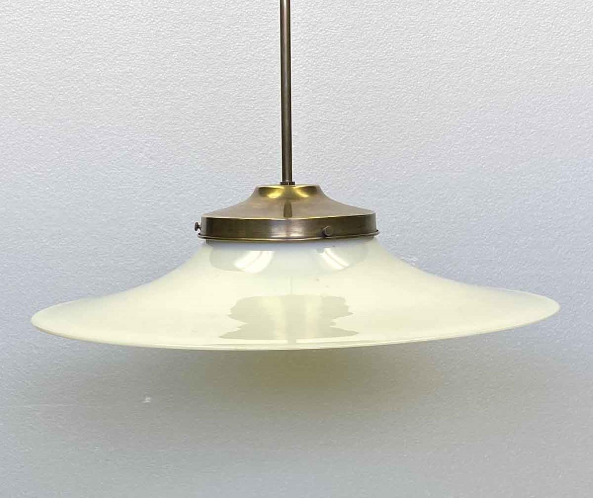 1910s Flat Brim 18 in. Milk Glass Pendant Light with New Brass Hardware In Good Condition In New York, NY