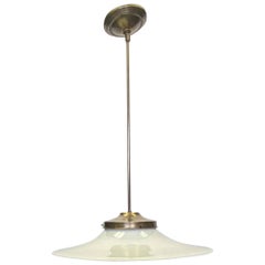 1910s Flat Brim 18 in. Milk Glass Pendant Light with New Brass Hardware