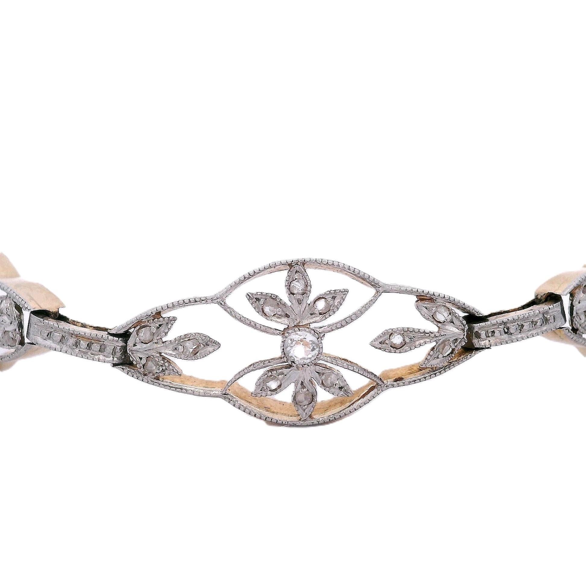 Rose Cut 1910's French Bracelet in 18kt Gold and Platinum with Diamonds For Sale