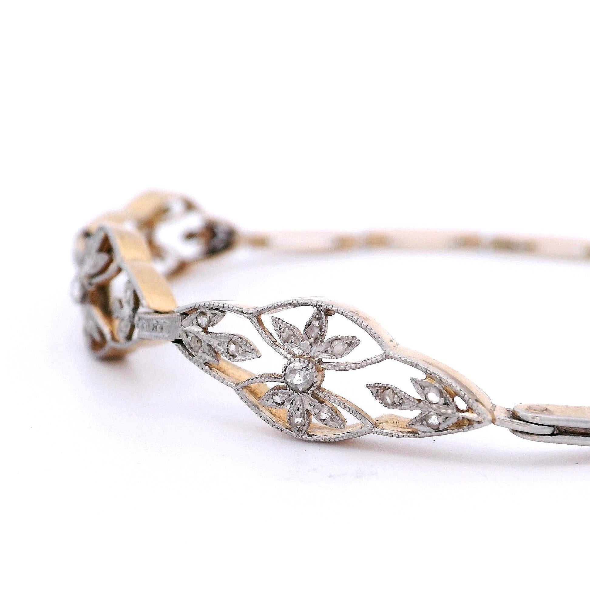 Women's or Men's 1910's French Bracelet in 18kt Gold and Platinum with Diamonds For Sale