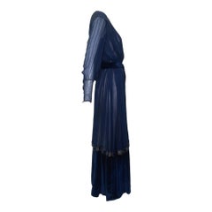 1910's French Couture Blue Silk Chiffon Gold Embroidered Long Sleeve Belted Gown