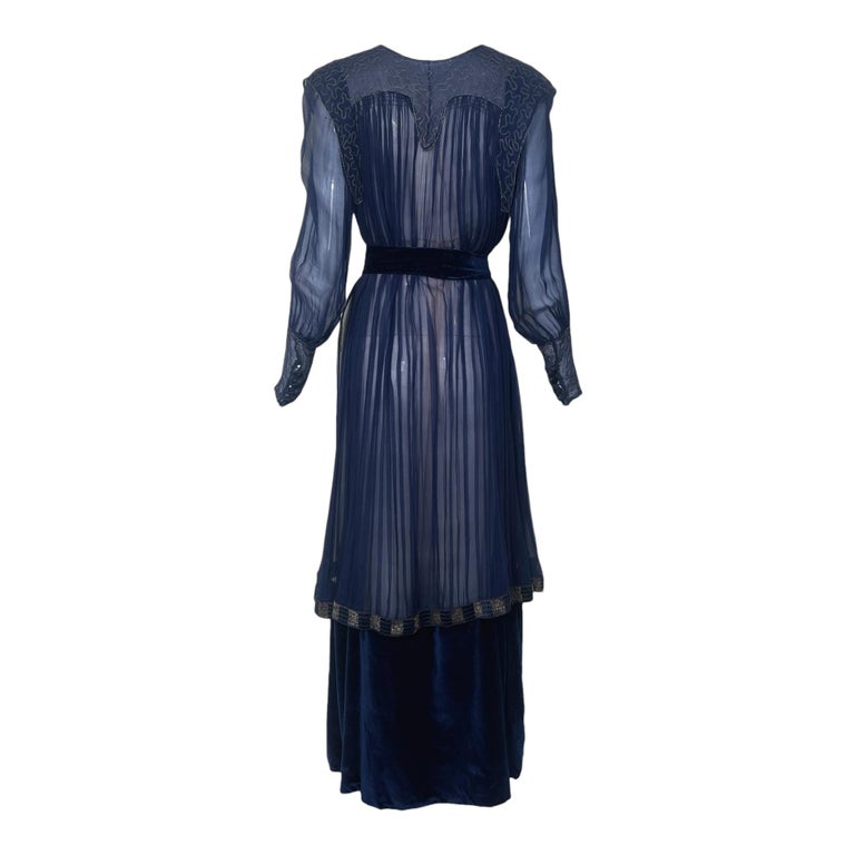 blue 1910s dress 1910's French Couture Silk Chiffon Gold Embroidered Long Sleeve Belted Gown For Sale at 1stDibs long black cardigan old Waist:32 Custom Dresses Light cotton dress is blue edwardian evening dress
