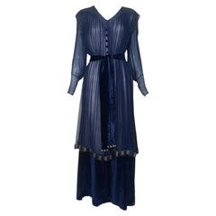 1910's French Couture Blue Silk Chiffon Gold Embroidered Long Sleeve Belted Gown