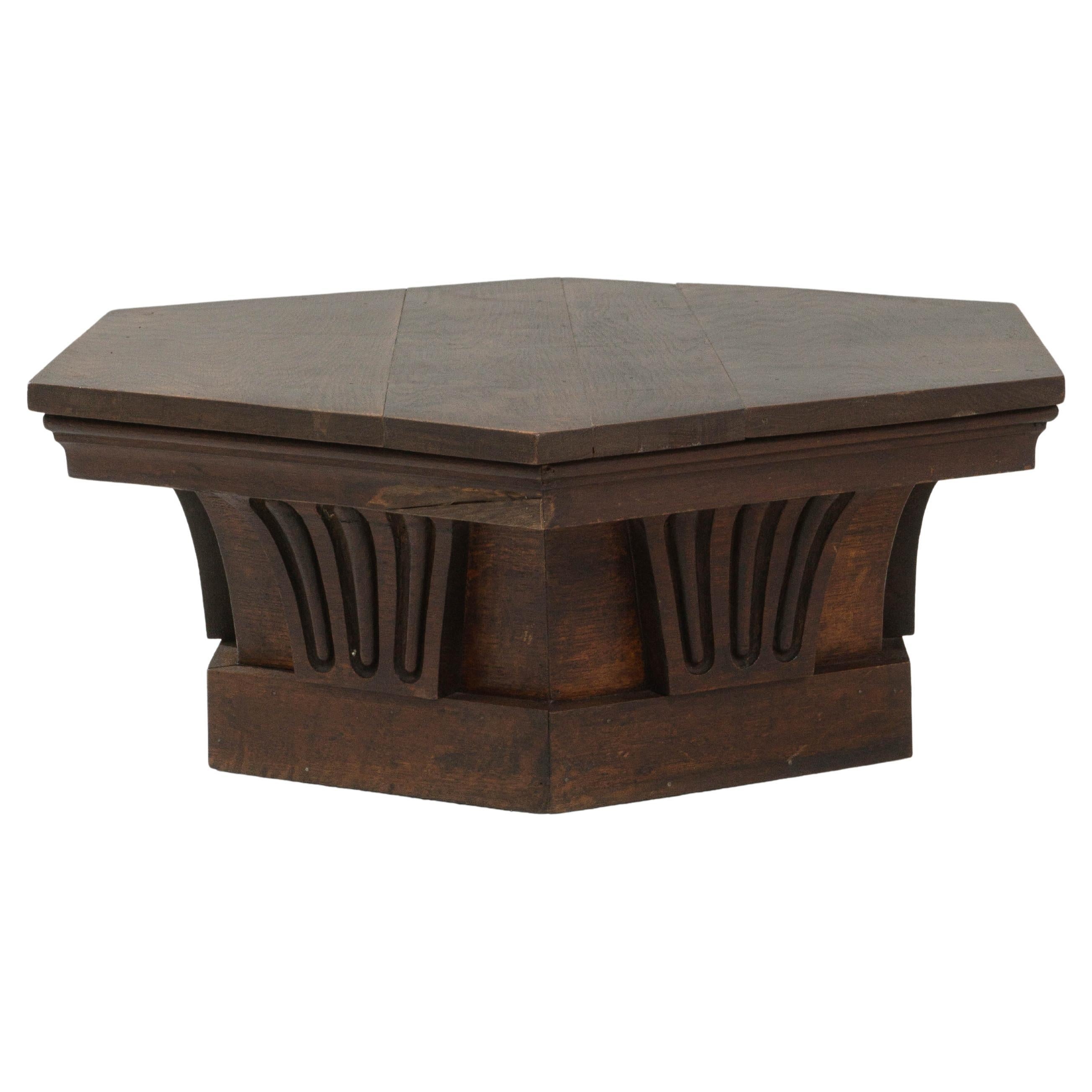 1910s French Hexagonal Oak Coffee Table In Original Patina
