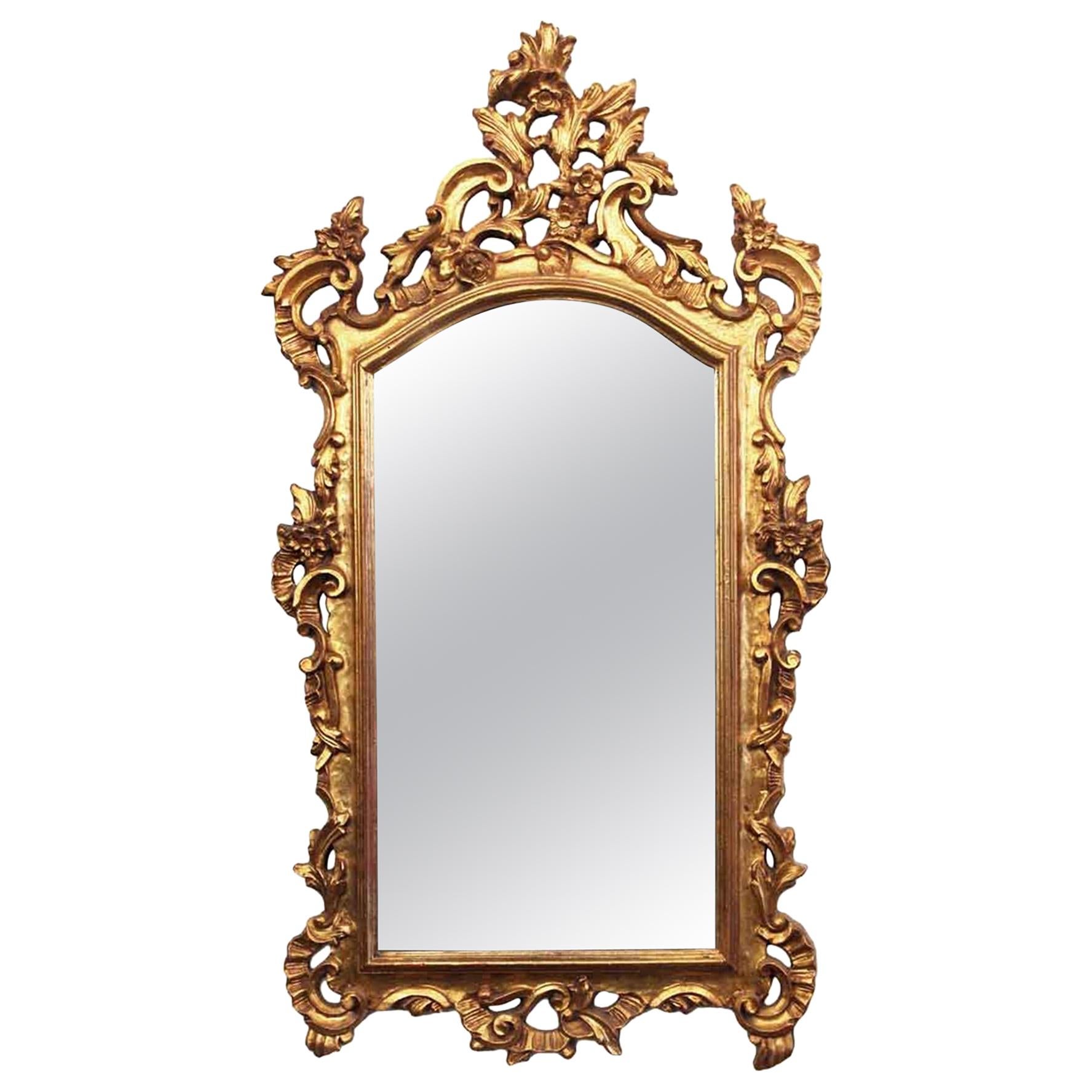 1910s Gold Gilt French Hand Carved Mirror with Ornate Details