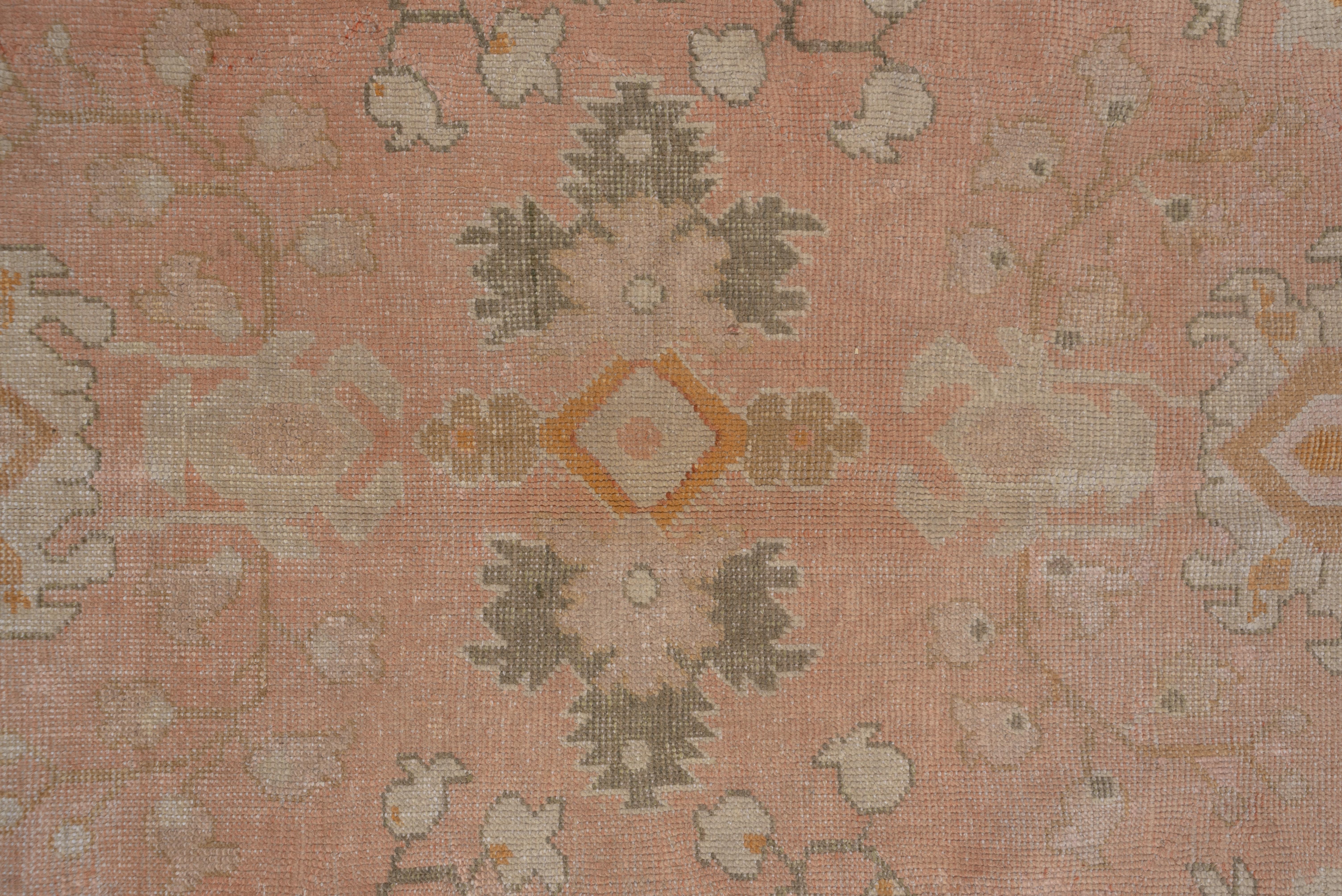 Early 20th Century 1910s Gorgeous Antique Turkish Oushak Carpet, Pink Field, Green Orange Accents For Sale
