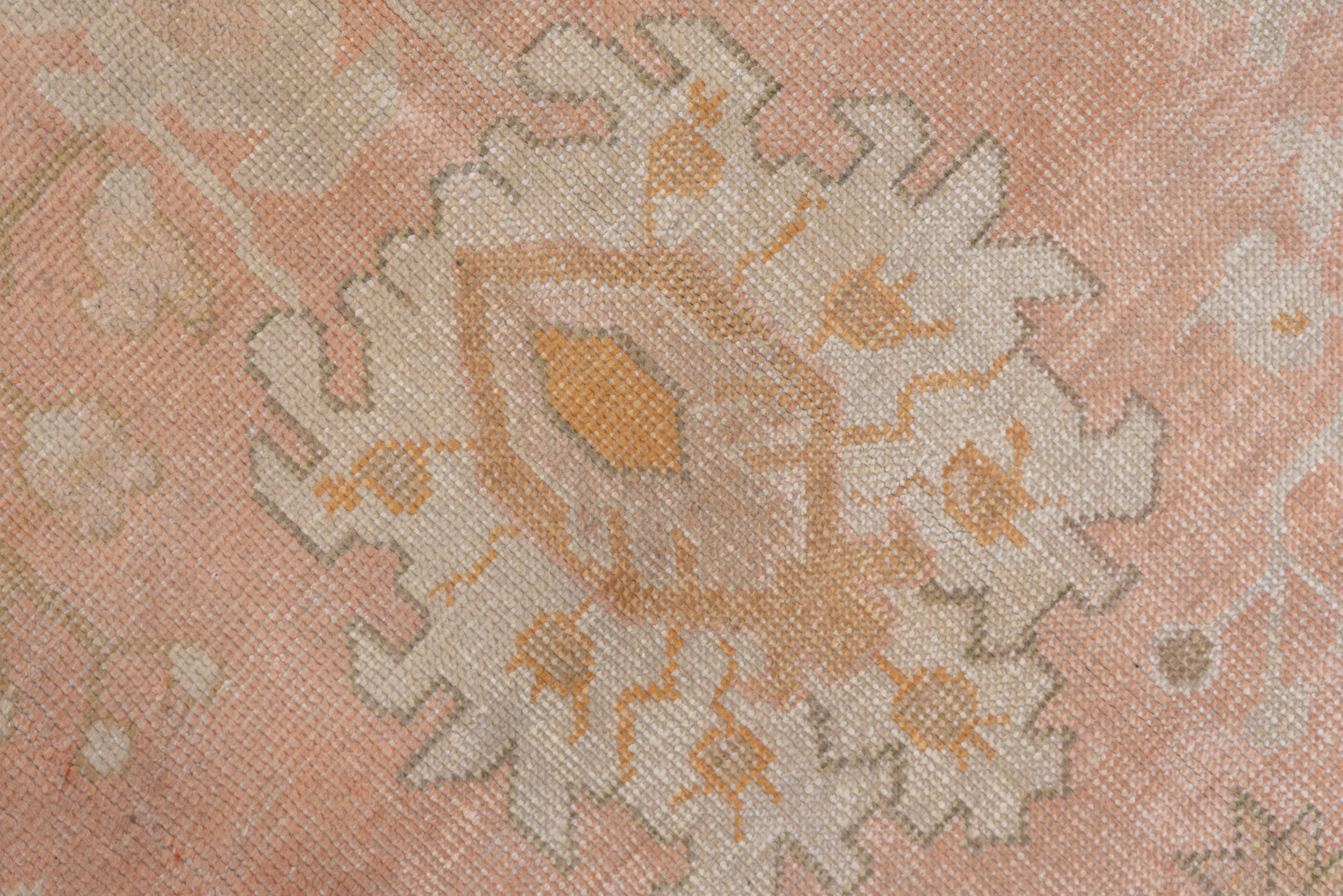 Wool 1910s Gorgeous Antique Turkish Oushak Carpet, Pink Field, Green Orange Accents For Sale