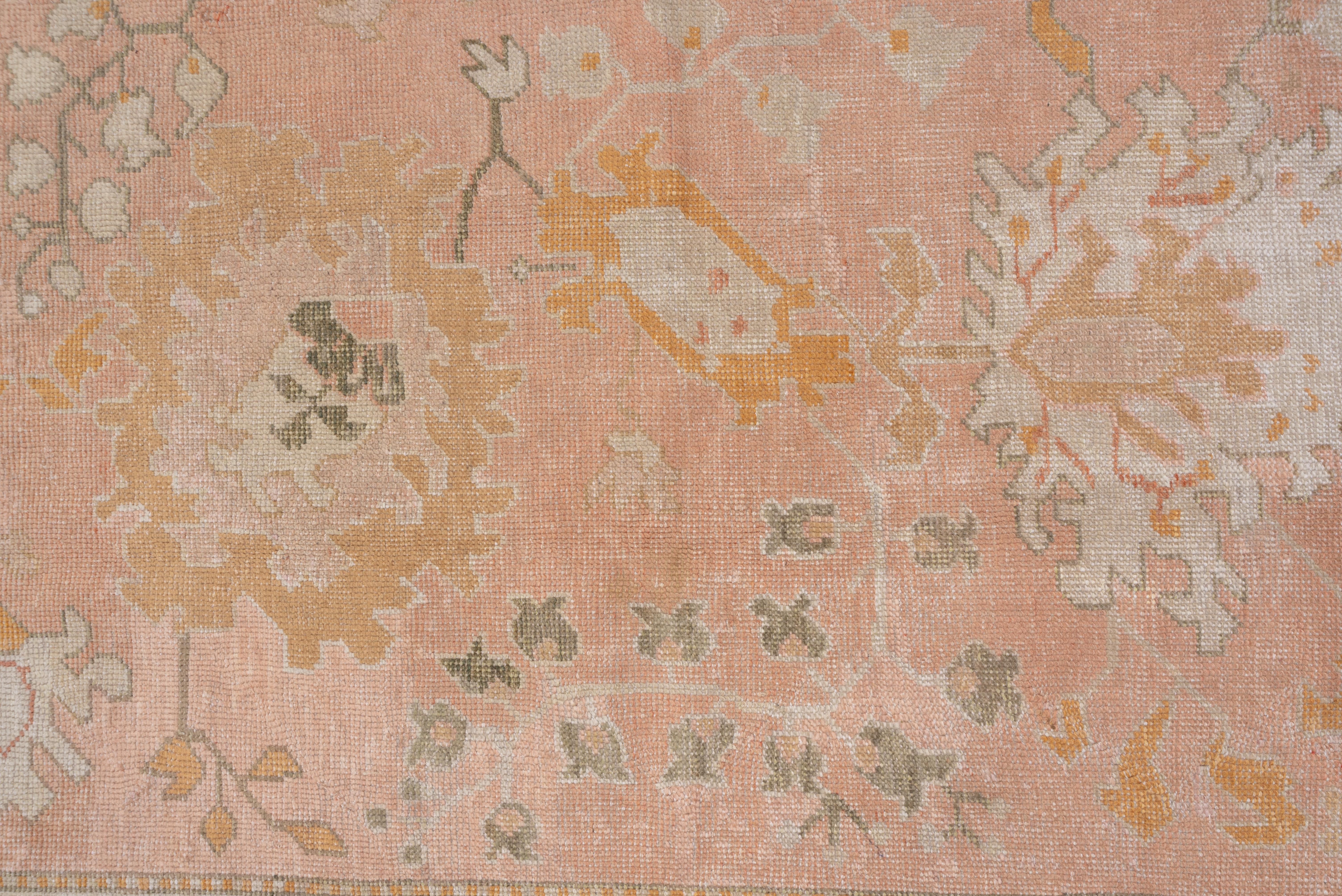 1910s Gorgeous Antique Turkish Oushak Carpet, Pink Field, Green Orange Accents For Sale 1