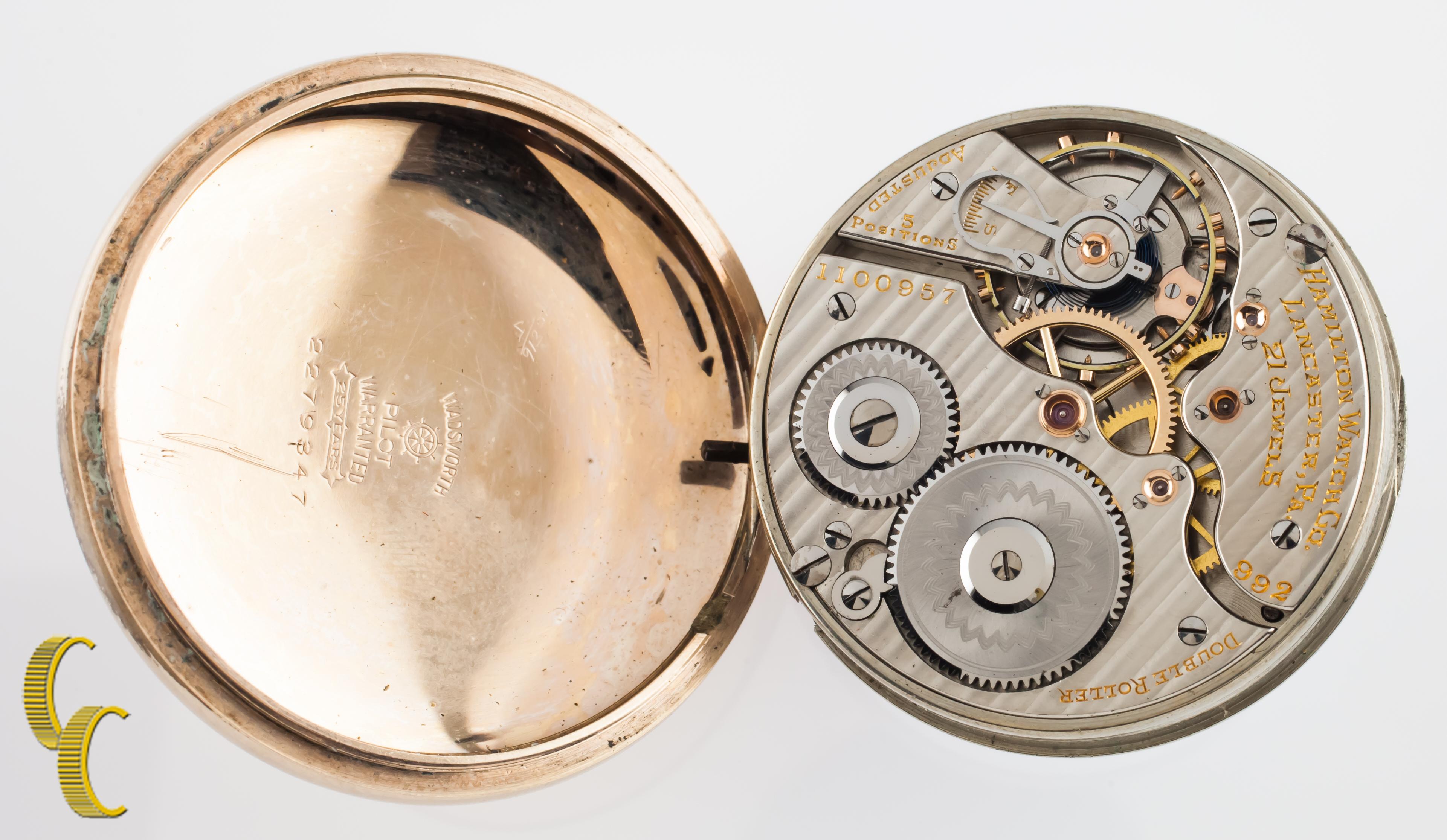 Reloj de bolsillo de esfera abierta antiguo Hamilton de 1910, dorado, tamaño 16S Moderno en venta
