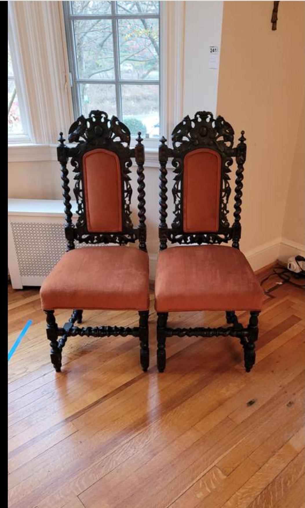 Hand-Carved 1910s Hand Carved Barley Twist Jacobean Chairs, a Pair