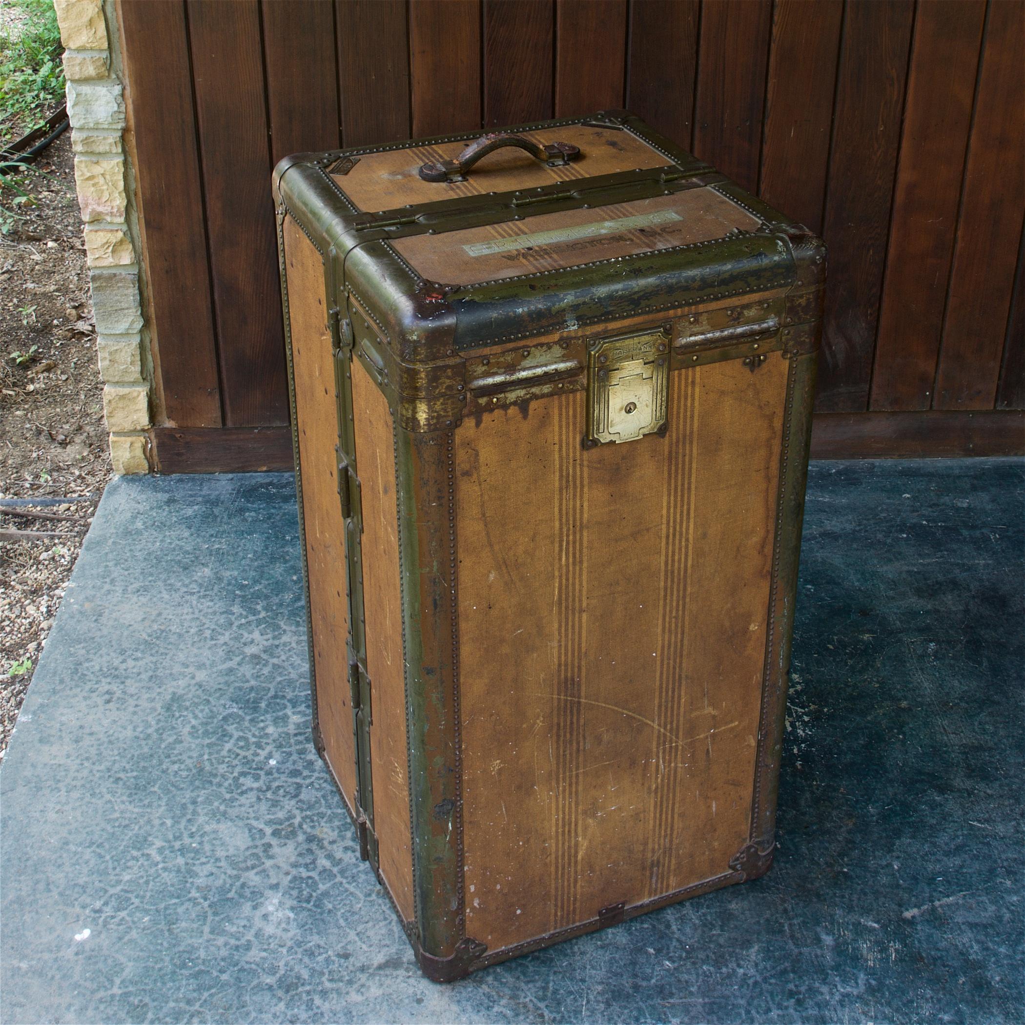 Top of the line, early 20th century cartage! A wonderfully patinated Washington DC Estate wardrobe trunk. Massive stylized brass Yale Locking Mechanism, with One Yale key included, this also works the internal drawer lock. Fully functional; Open
