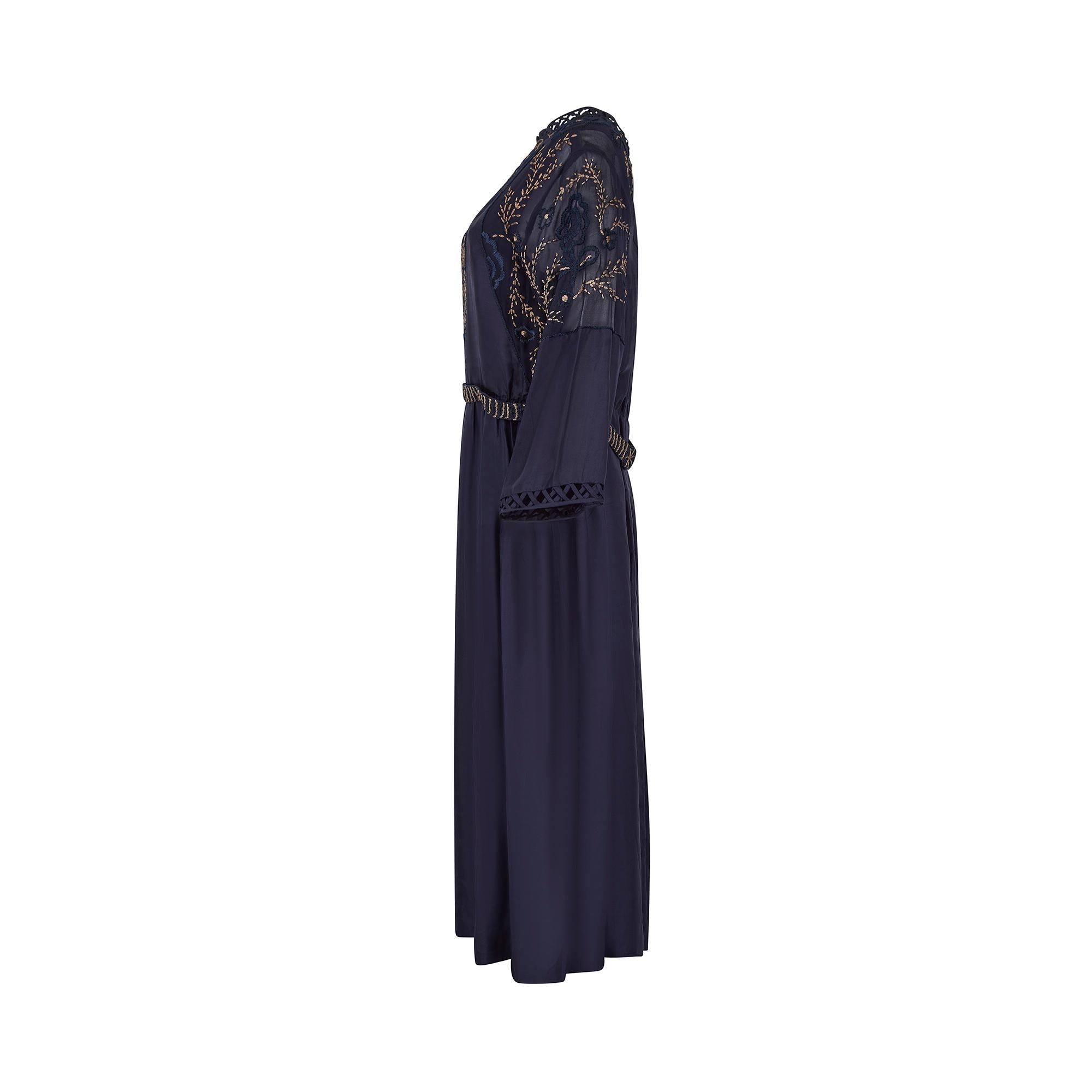 Black 1910s Haute Couture Blue Silk Dress with Embroidered Chiffon Inserts For Sale