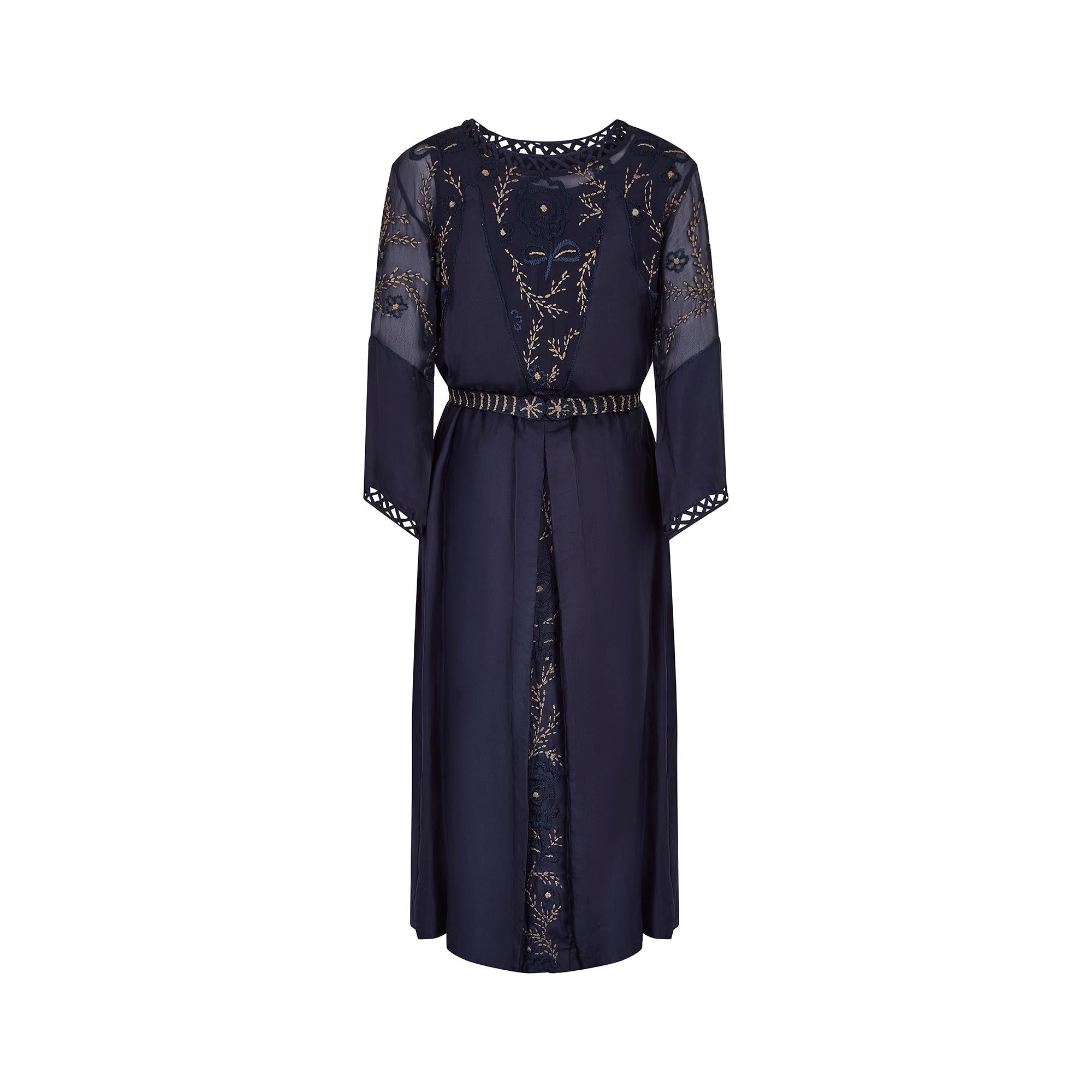 1910s Haute Couture Blue Silk Dress with Embroidered Chiffon Inserts In Excellent Condition For Sale In London, GB