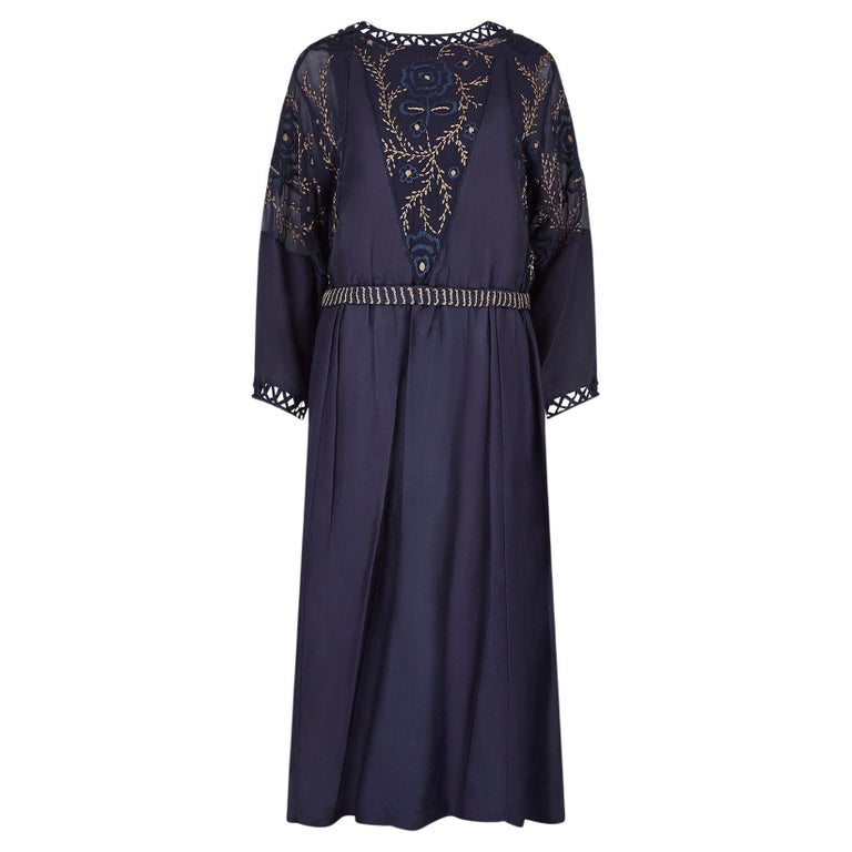 1910s Haute Couture Blue Silk Dress with Embroidered Chiffon Inserts at  1stDibs