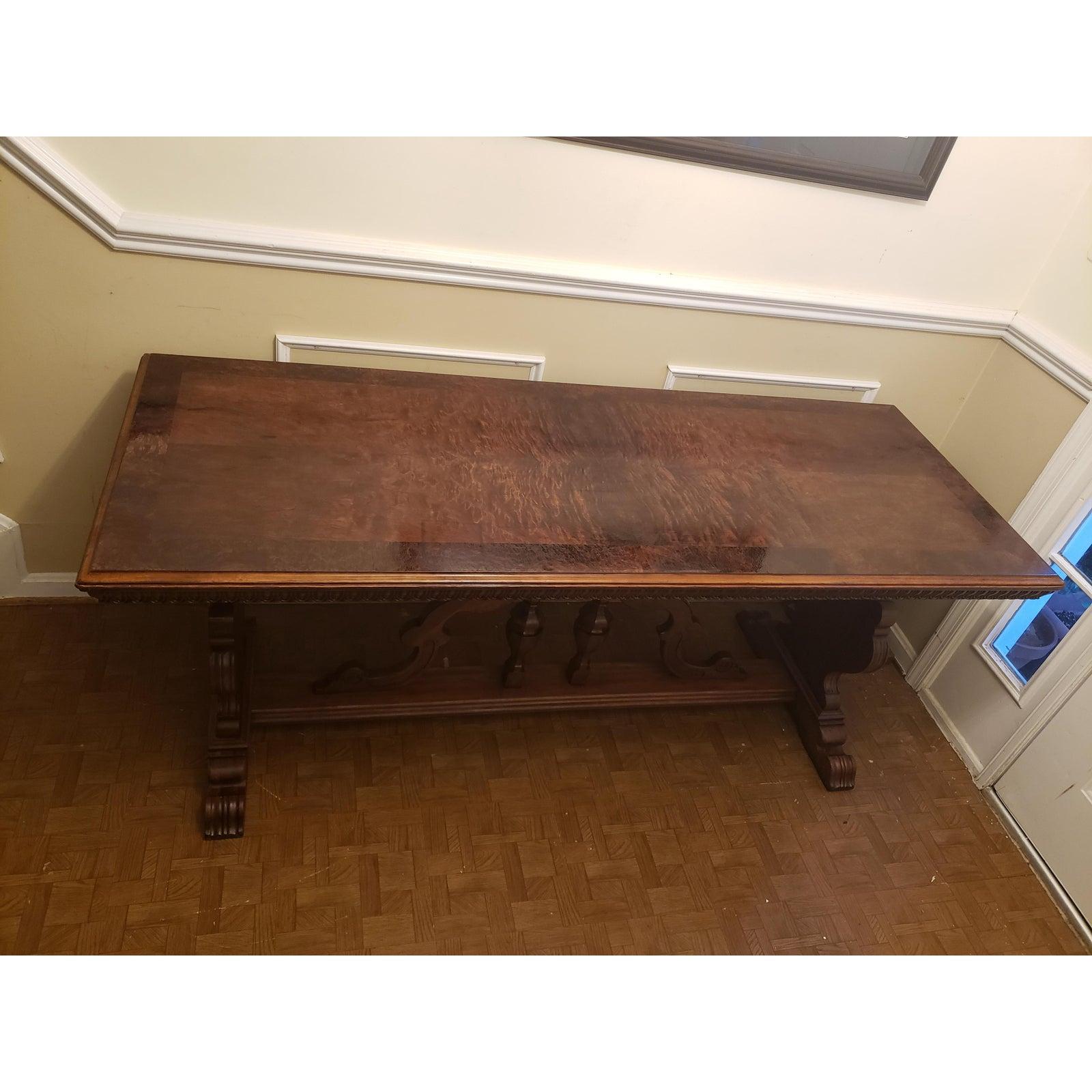 American 1910s Imperial Grand Rapids Carved Solid Walnut Trestle Table For Sale