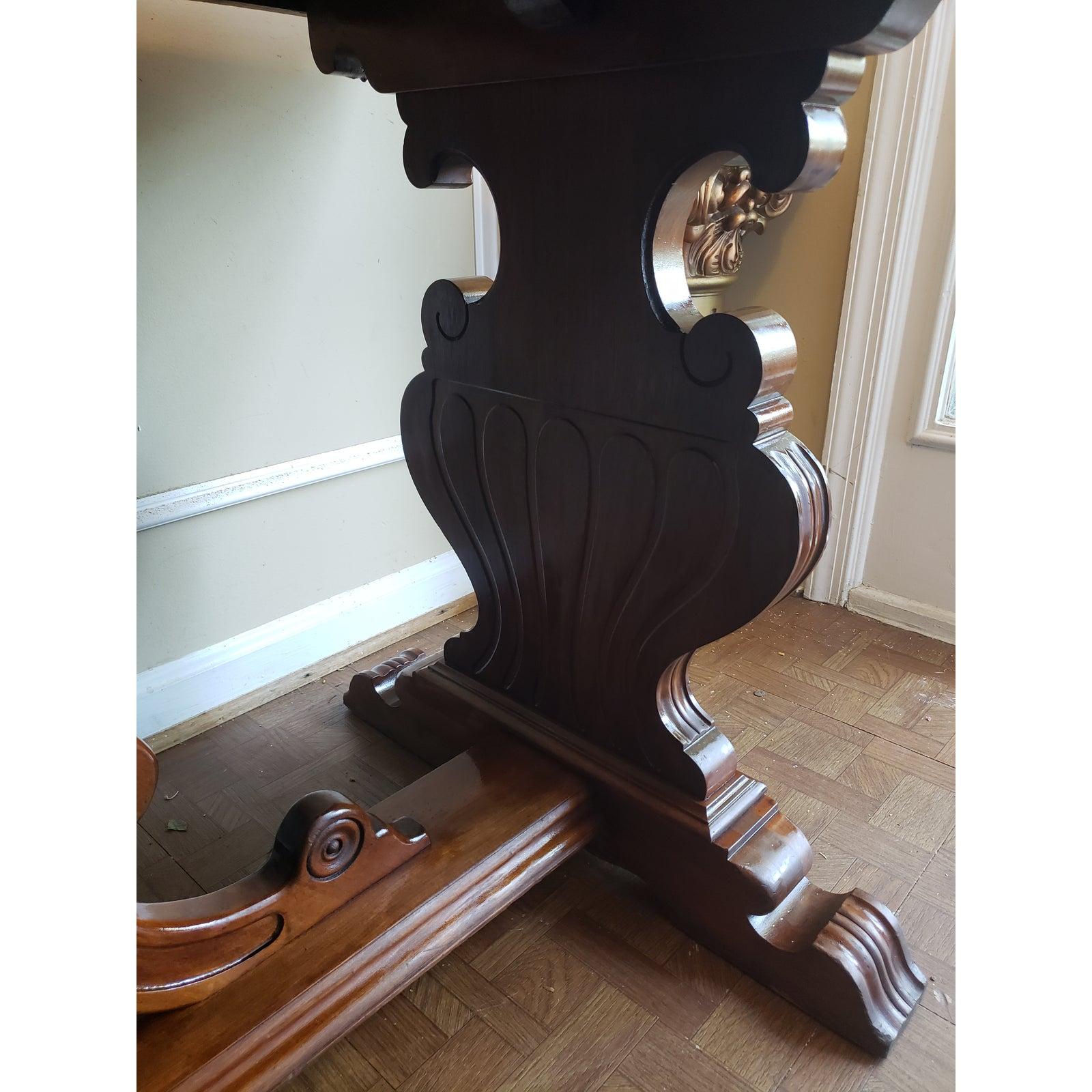 Veneer 1910s Imperial Grand Rapids Carved Solid Walnut Trestle Table For Sale