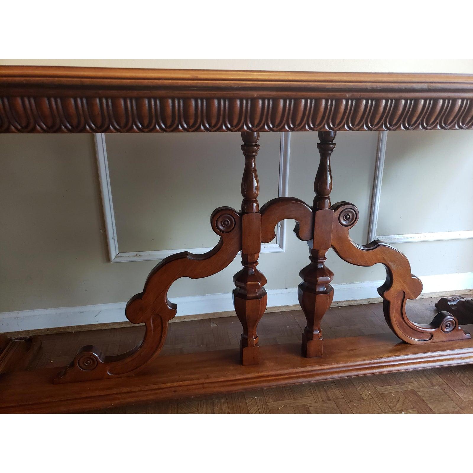 1910s Imperial Grand Rapids Carved Solid Walnut Trestle Table In Good Condition For Sale In Germantown, MD