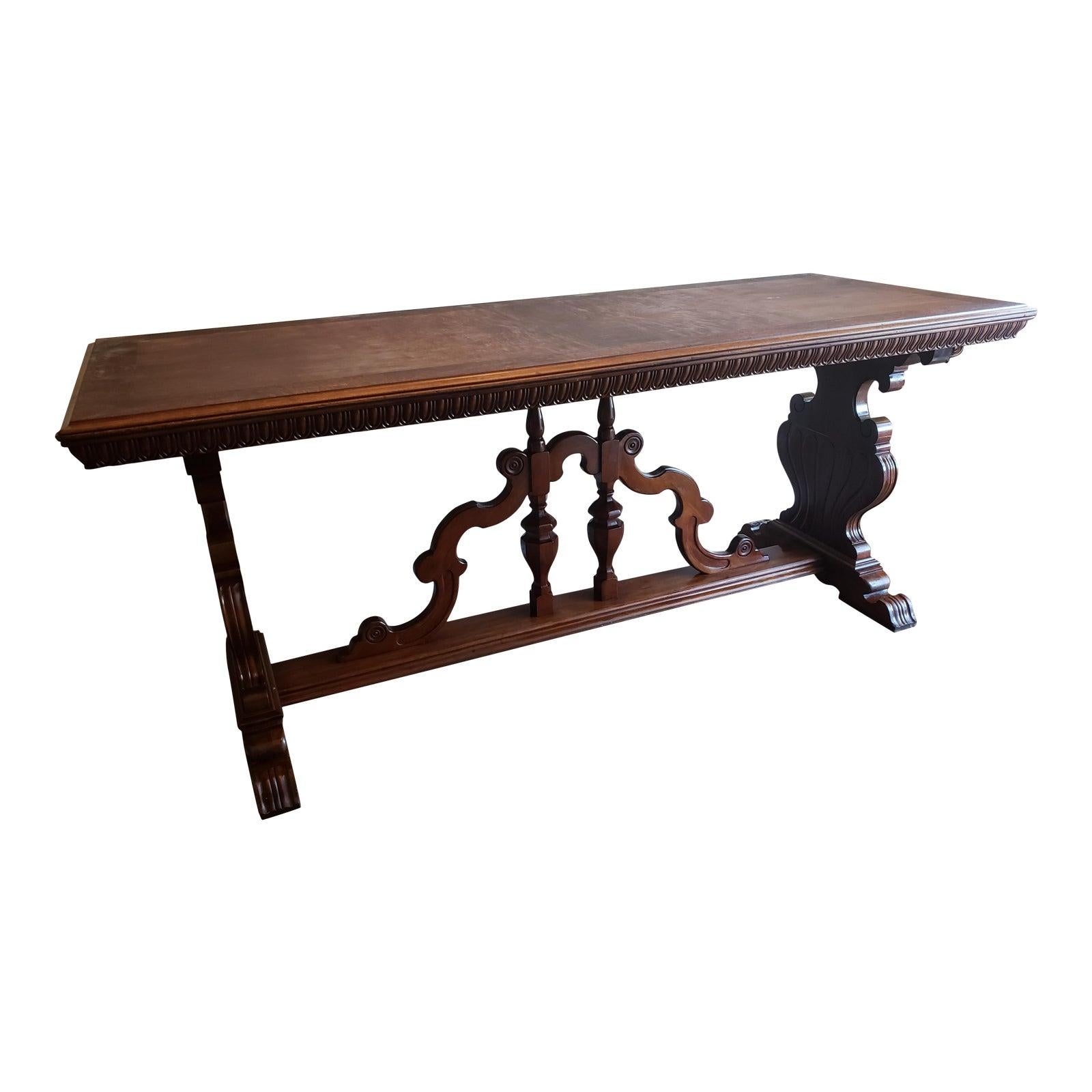 1910s Imperial Grand Rapids Carved Solid Walnut Trestle Table For Sale