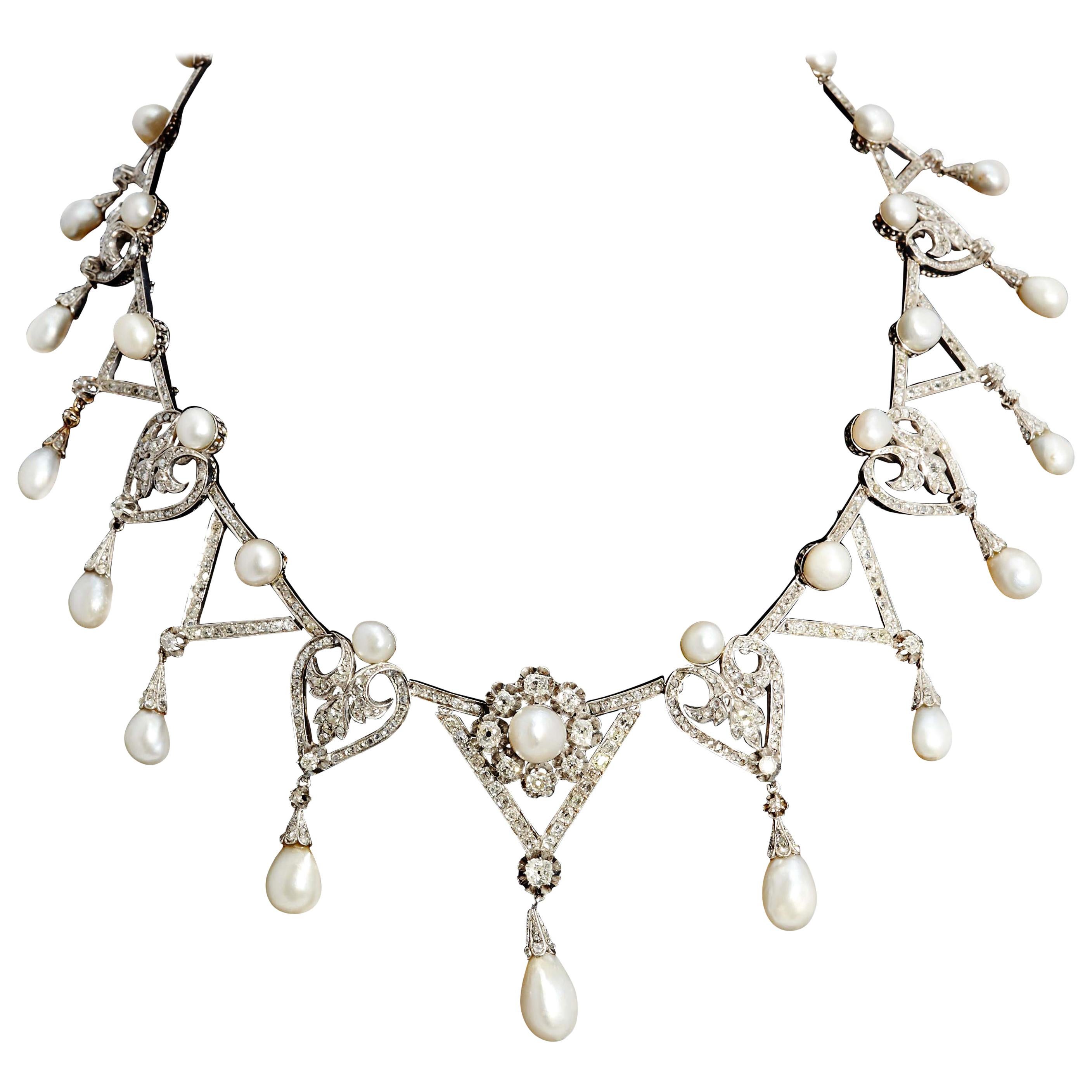 1910s Important Antique Natural Pearl Diamond Platinum Necklace For Sale
