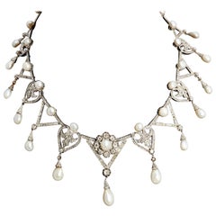 1910er Jahre wichtige antike Halskette,  Naturperle Diamant Platin