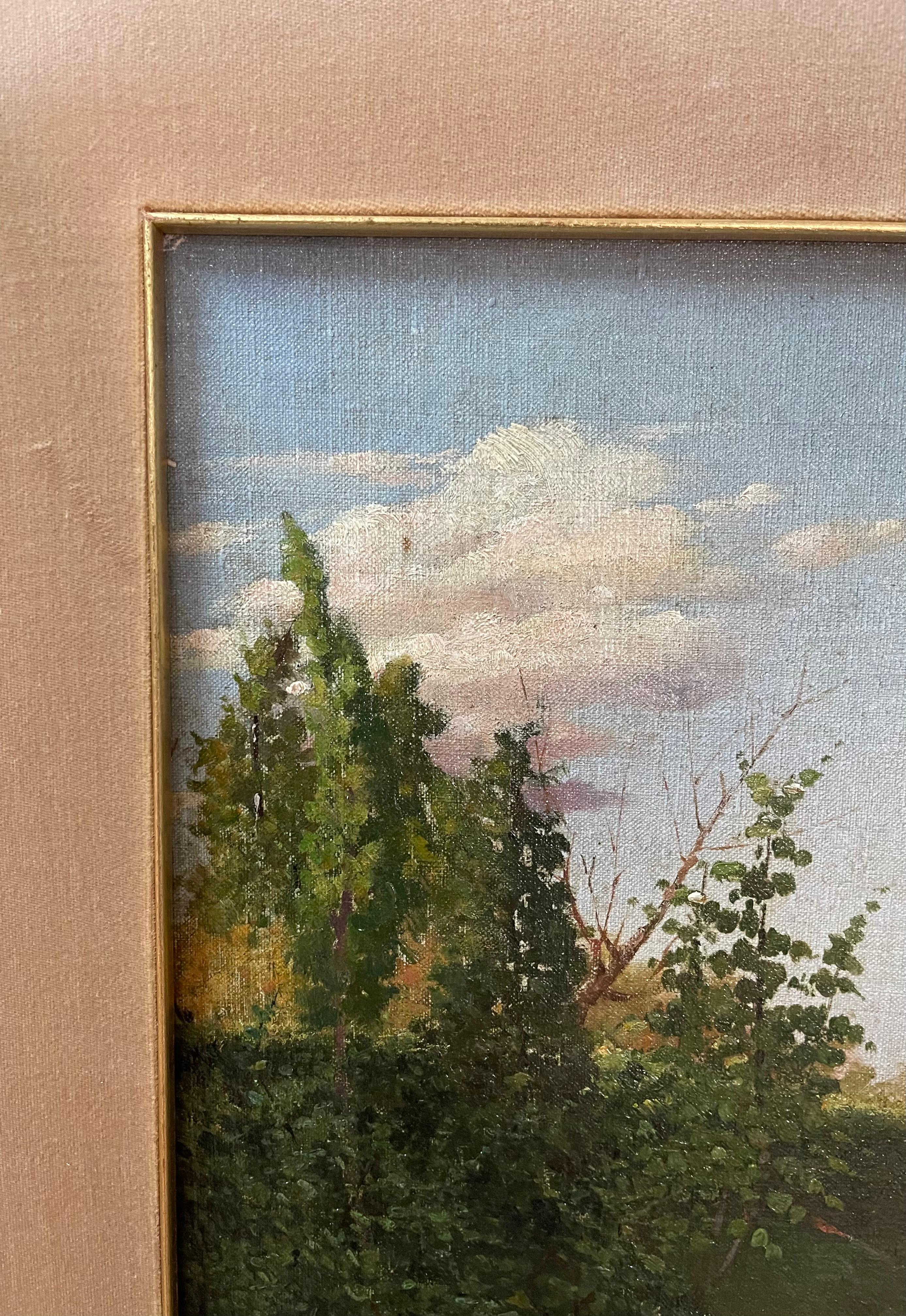 Paesaggio italiano firmato del 1910 
Bellissimo e importante dipinto a olio su cartone del grande artista bolognese Ugo Gheduzzi (Crespellano BO 5 marzo 1853 - Torino 1925).
La luce di rara intensità e i colori nitidi rendono quest'opera un piccolo