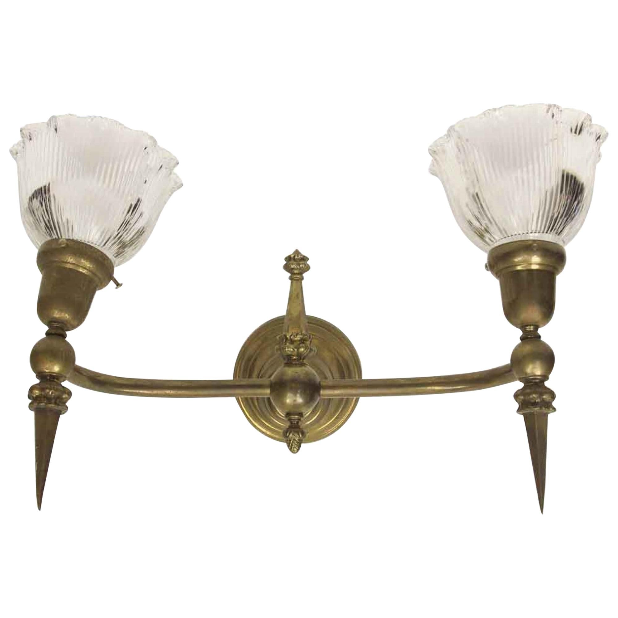 1910s Large Brass Glass Wall Sconce 2 Lights Each Original Shades For Sale