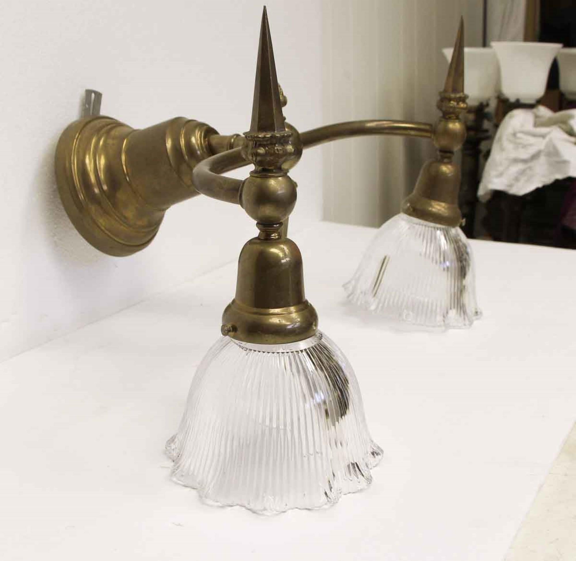 American 1910s Large Brass Glass Wall Sconce 2 Lights Each Original Shades For Sale