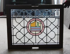 1910s Leaded and Stained Glass Window with Quatrefoil and Shield Design