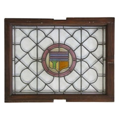 1910s Leaded and Stained Glass Window with Quatrefoil and Shield Design