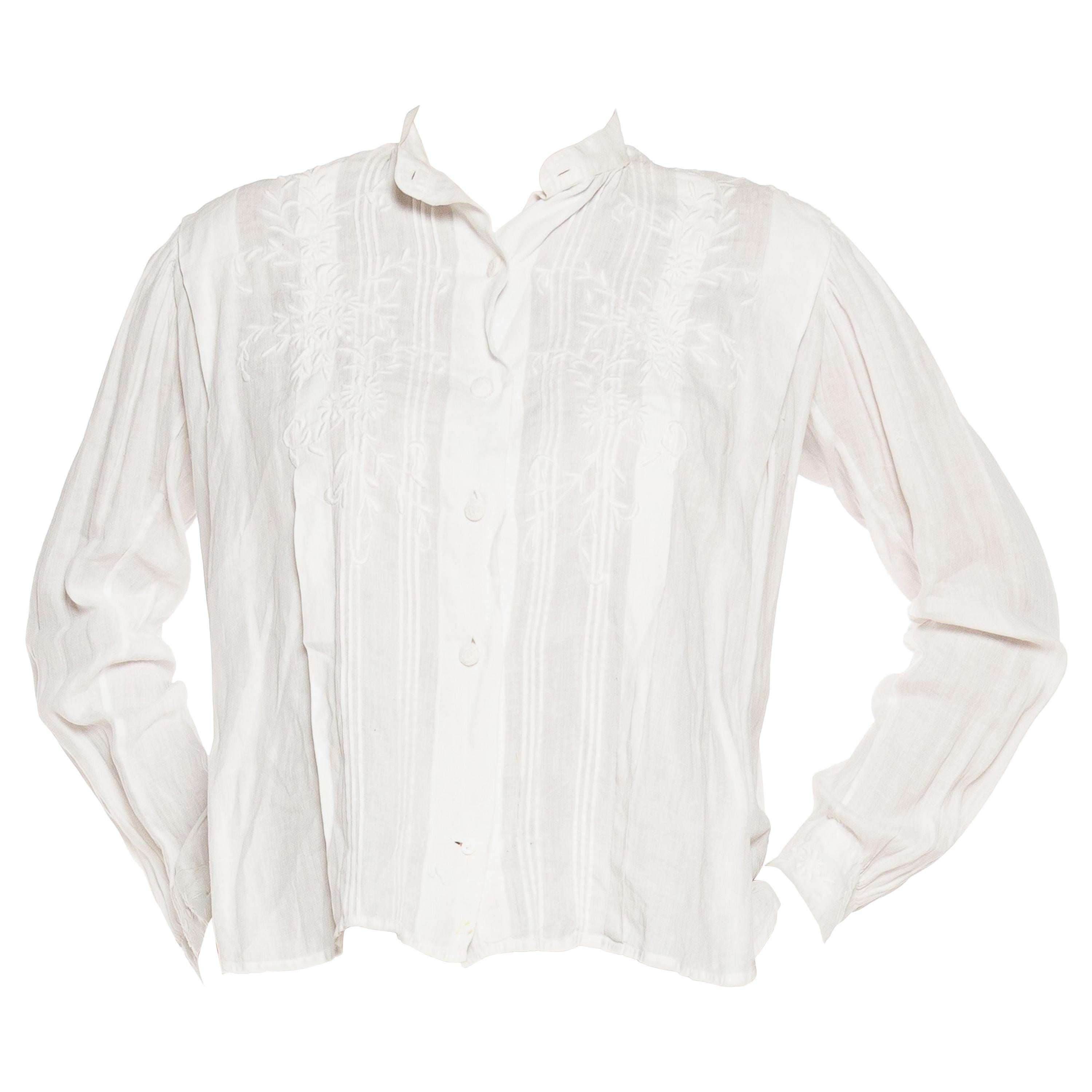 Edwardian White Linen Pin-Tucked & Hand-Embroidered "Mens" Style Blouse Can Tak