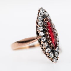 1910's Marquise French Antique Rosecut Diamond Garnet Navette Ring Heirloom