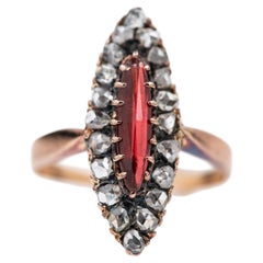 1910's Marquise French Antique Rosecut Diamond Garnet Navette Ring Heirloom