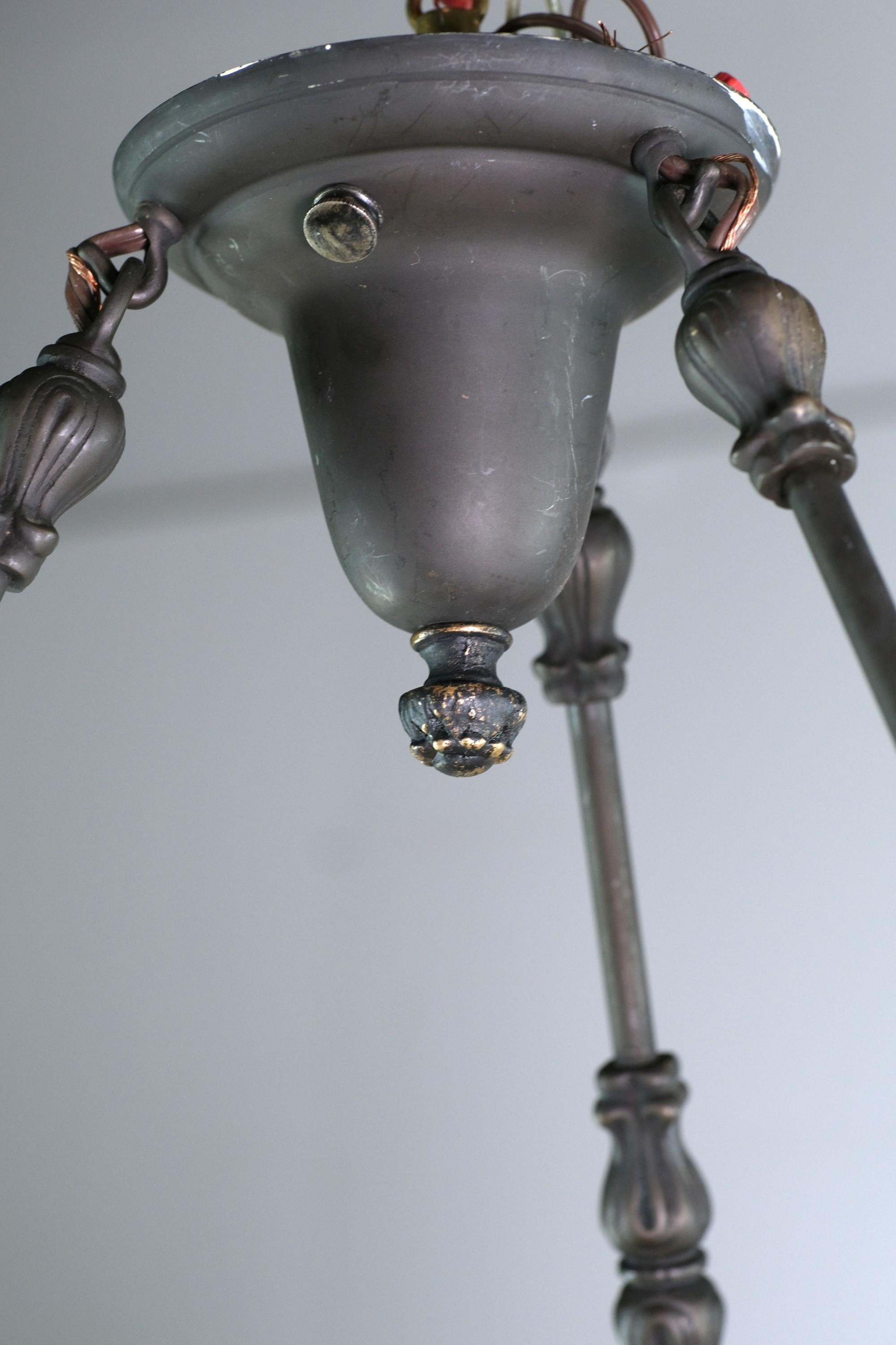 1910s Milk Glass Dish Pendant Light w/ Foliage Details In Good Condition In New York, NY