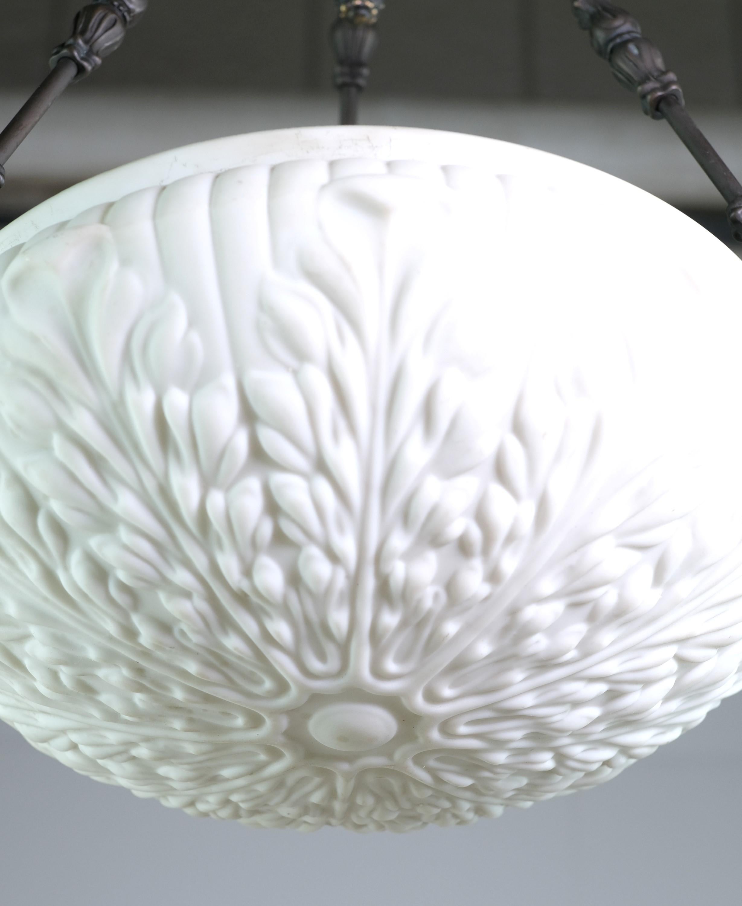 Early 20th Century 1910s Milk Glass Dish Pendant Light w/ Foliage Details