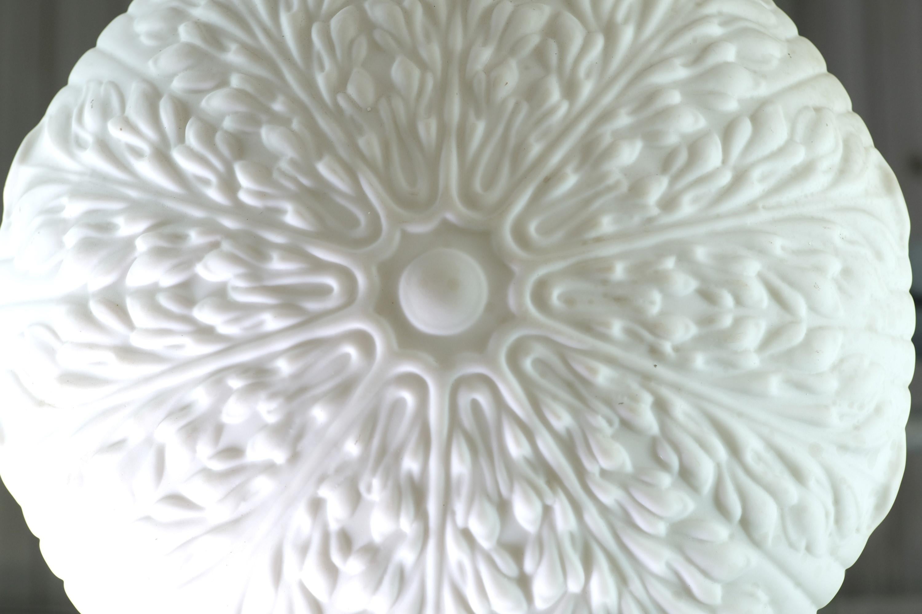 Brass 1910s Milk Glass Dish Pendant Light w/ Foliage Details