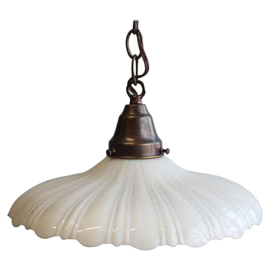 1910s Milk Glass Pendant Light with a Scalloped Rim and New Brass Hardware