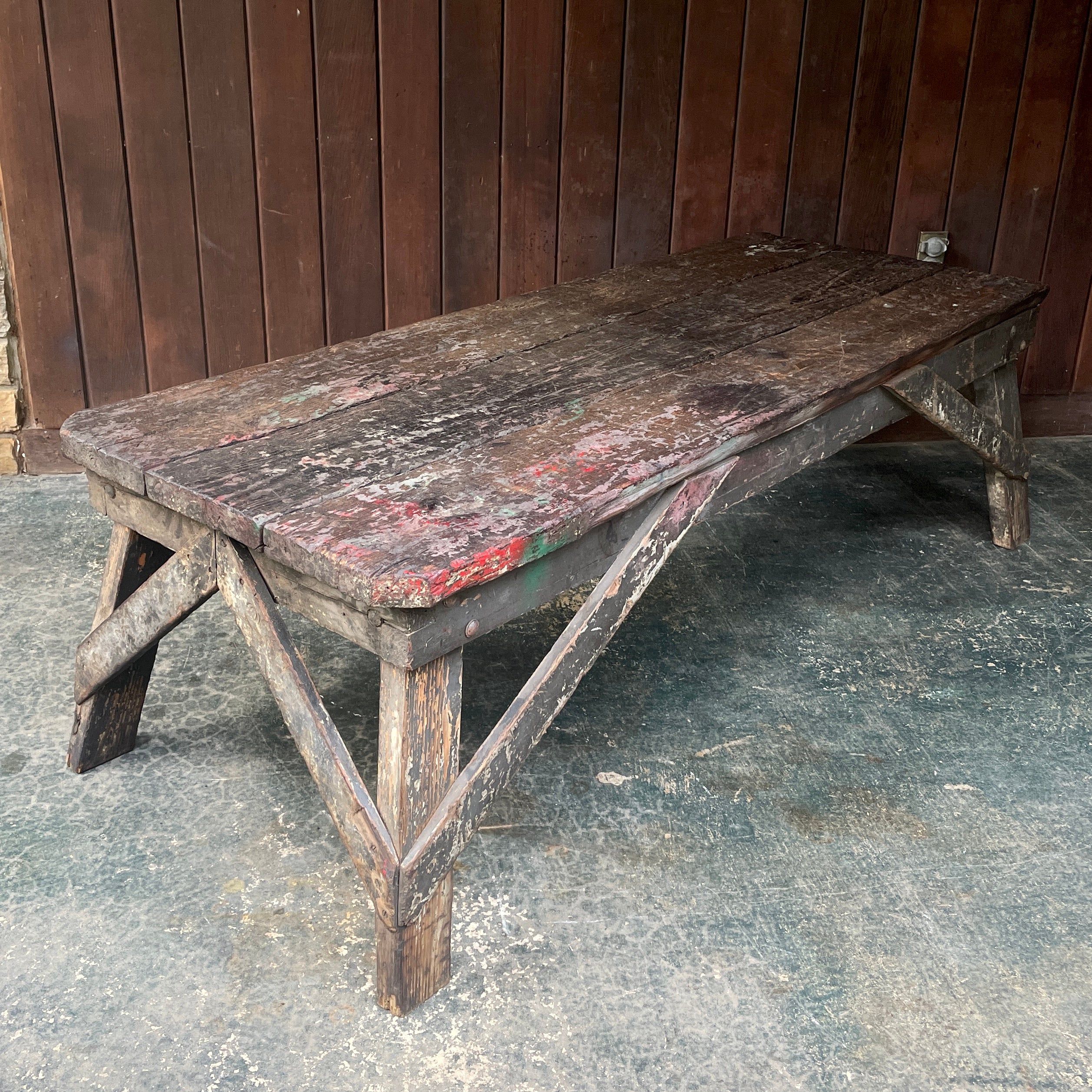 Extremely old patina.  Very heavy, most likely in-house factory made specific low worktable, for some type of assembly plant.  Low at 22.25 inches high.  Sturdy very usable, tight.

L 71 x D 28 7/8 x H 22 1/4 in.

