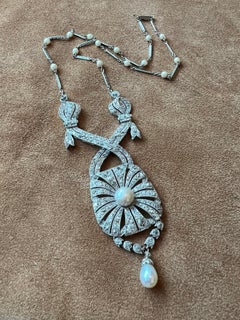 1910s Natural Pearl and Diamond Platinum Necklace with Certificate