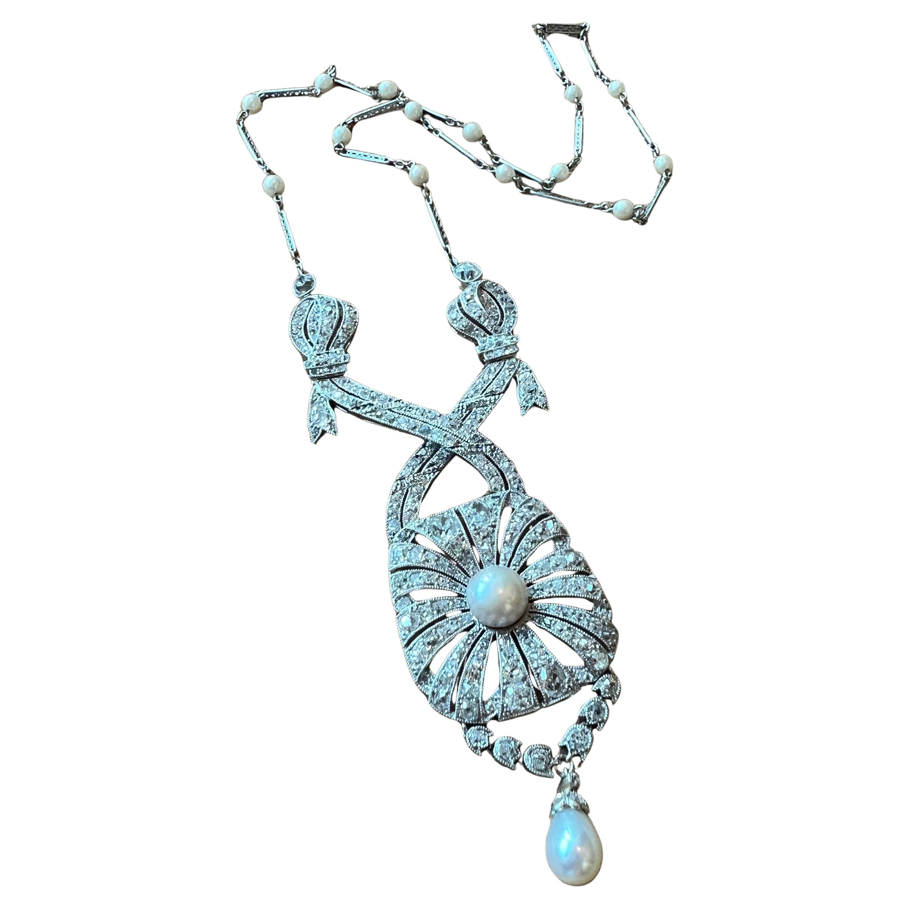 1910s Natural Pearl and Diamond Platinum Necklace with Certificate For Sale