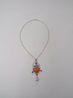 1910s Natural Pearl, Coral and Diamond Necklace with cert.