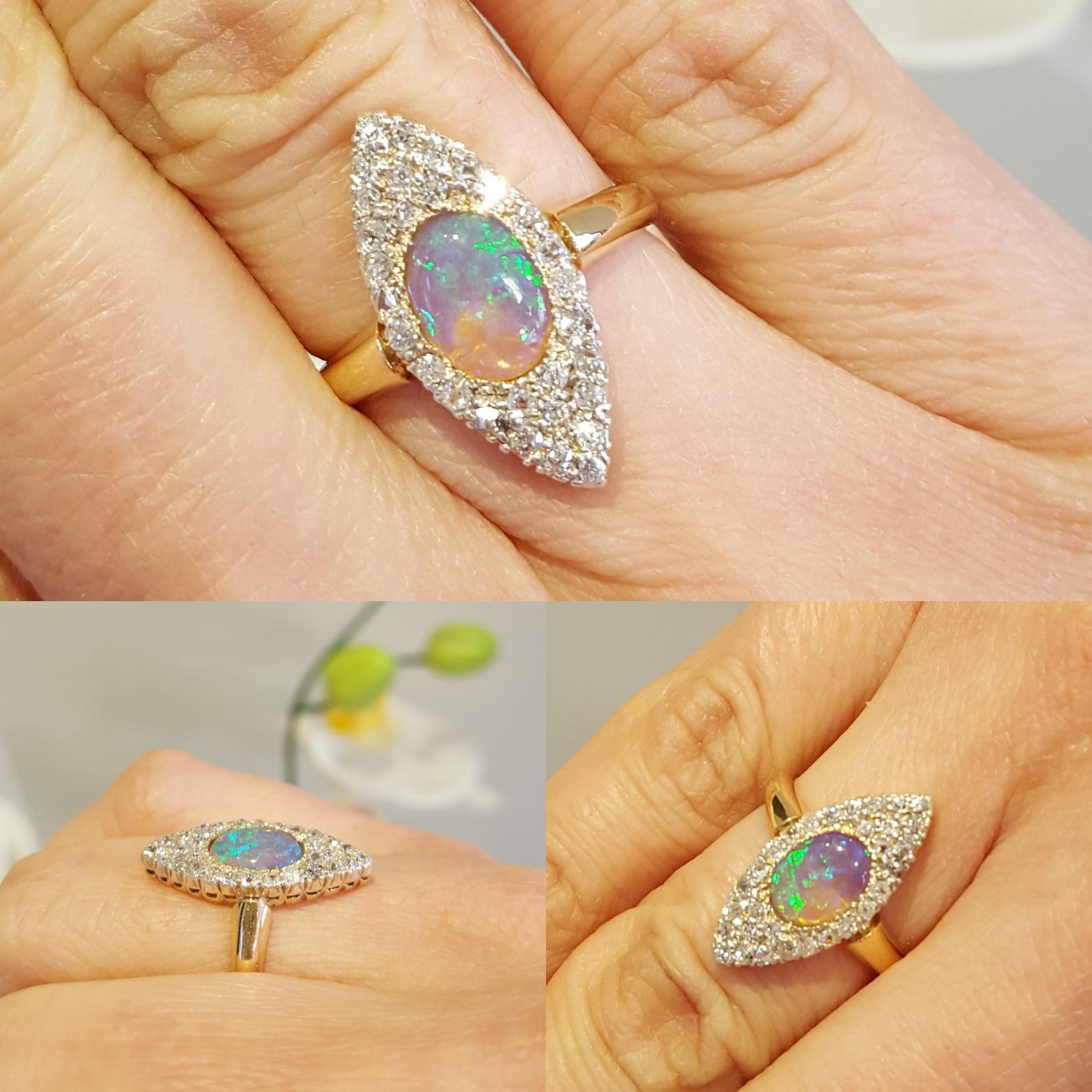 1910s Opal and Diamond Yellow Gold Marquise Ring 6
