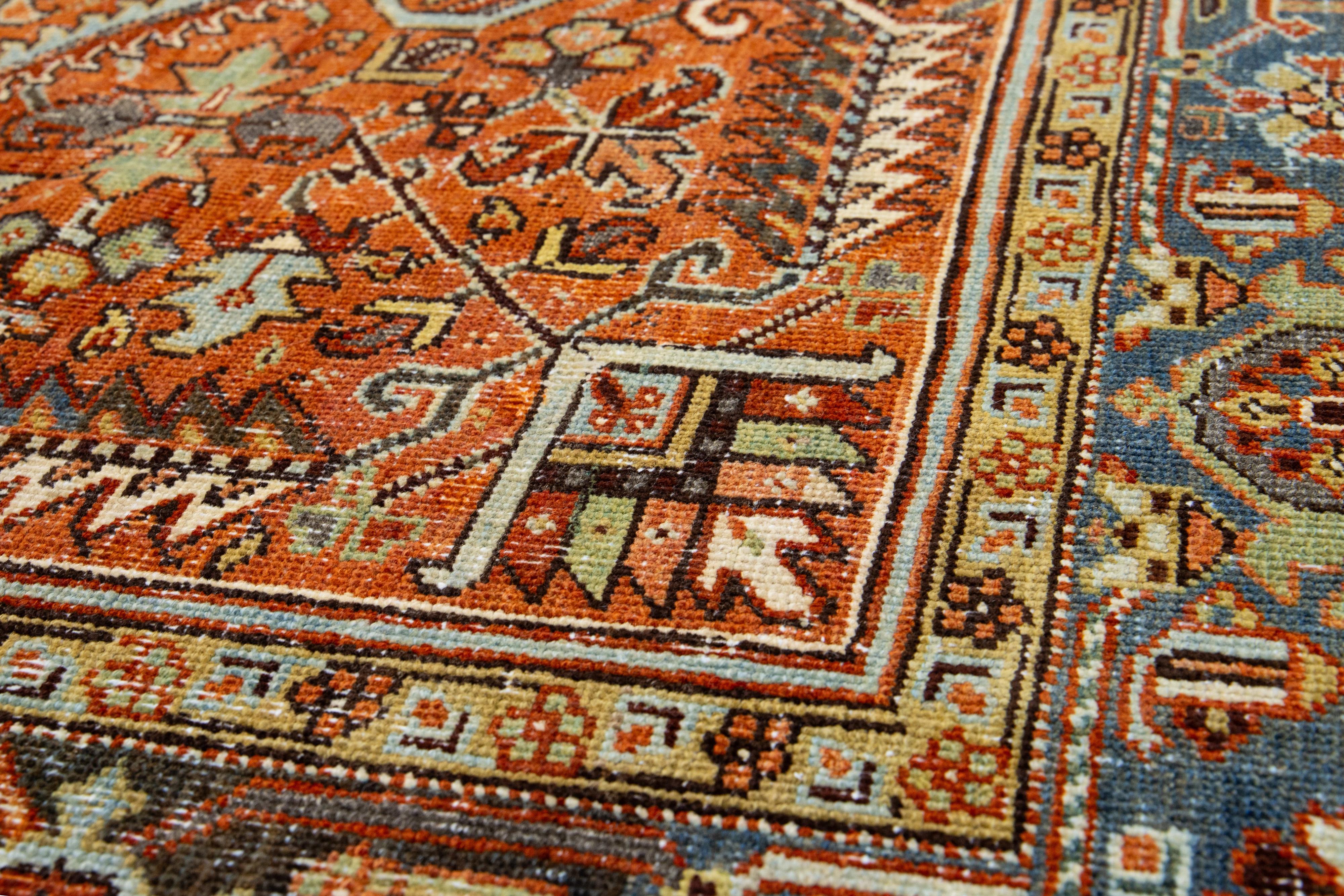 Heriz Serapi 1910s Orange-Rust Antique Persian Heriz Wool Rug Handmade with Allover Pattern For Sale
