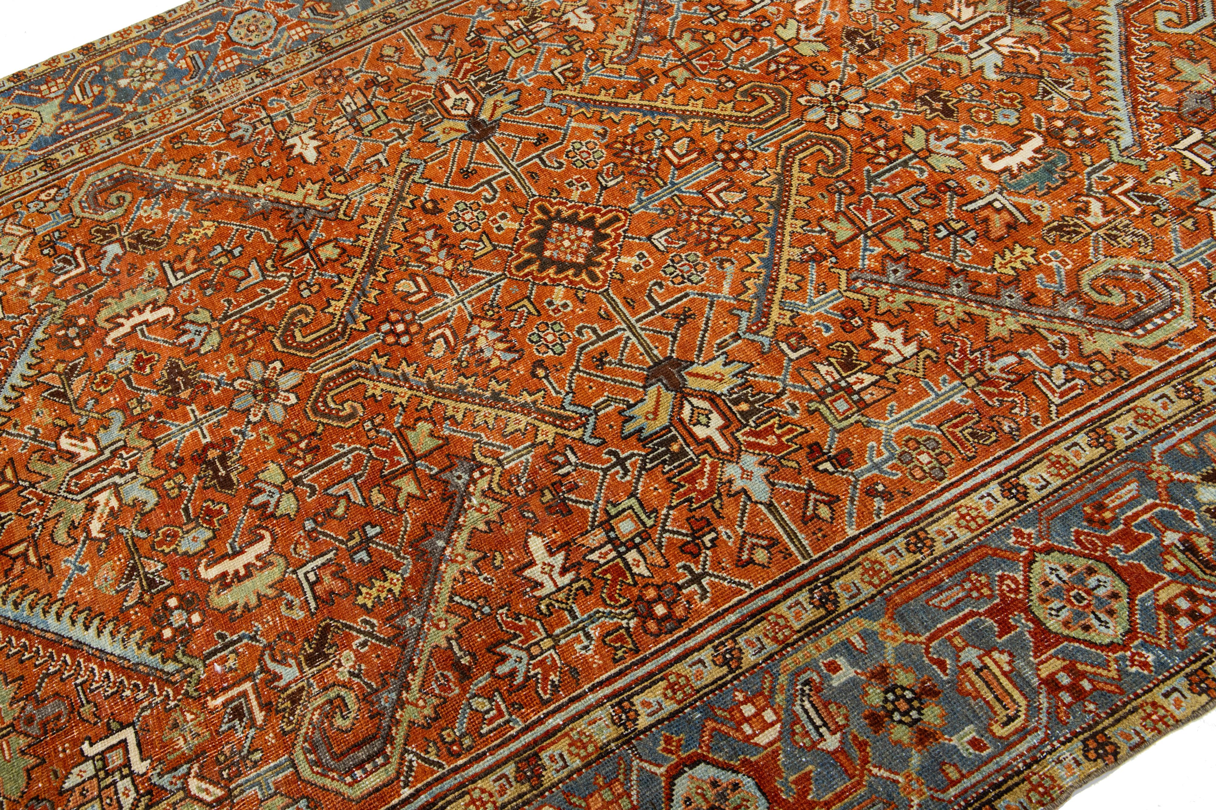 Hand-Knotted 1910s Orange-Rust Antique Persian Heriz Wool Rug Handmade with Allover Pattern For Sale